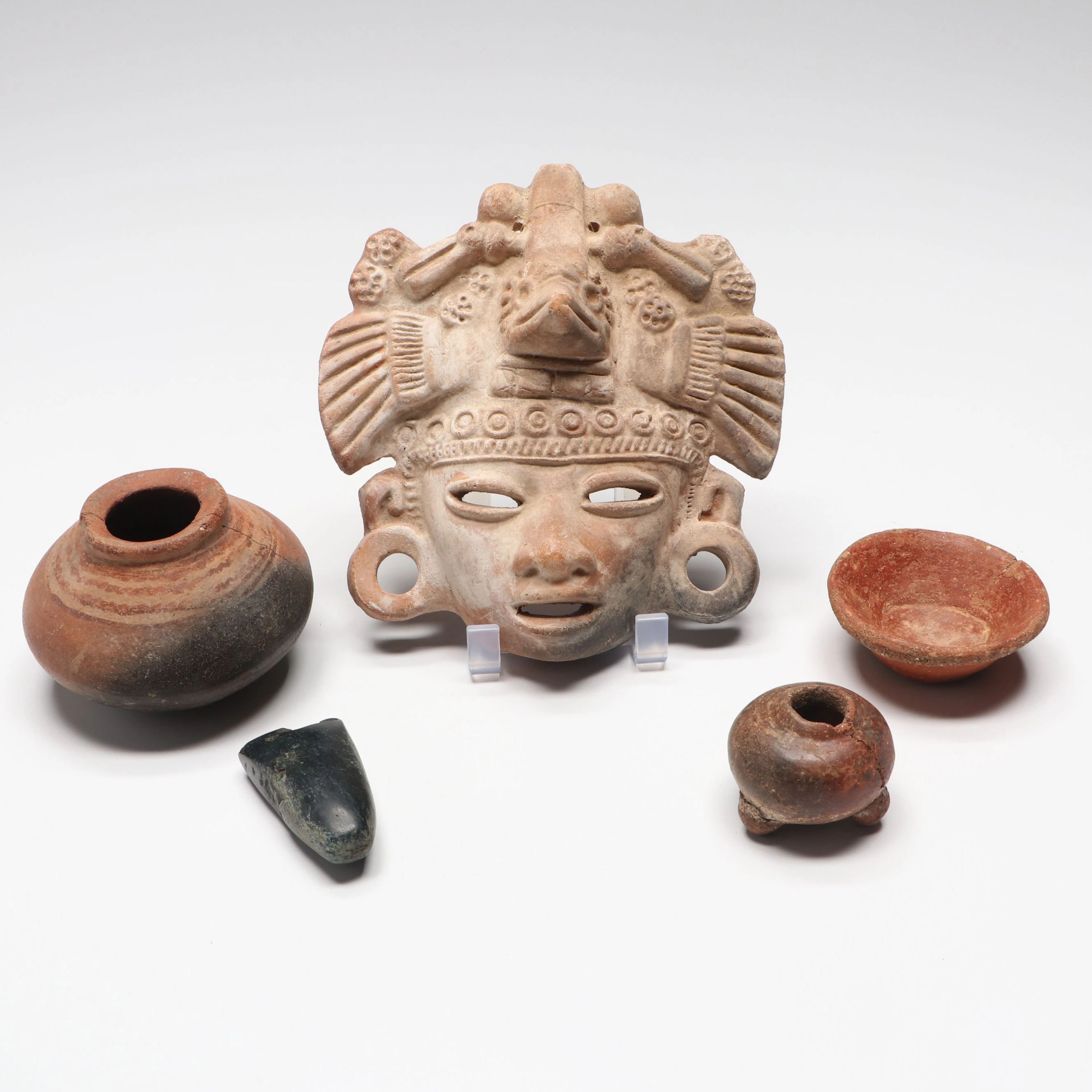 Aztec or Mayan Eagle Warrior Mask with Other Earthenware Vessels
