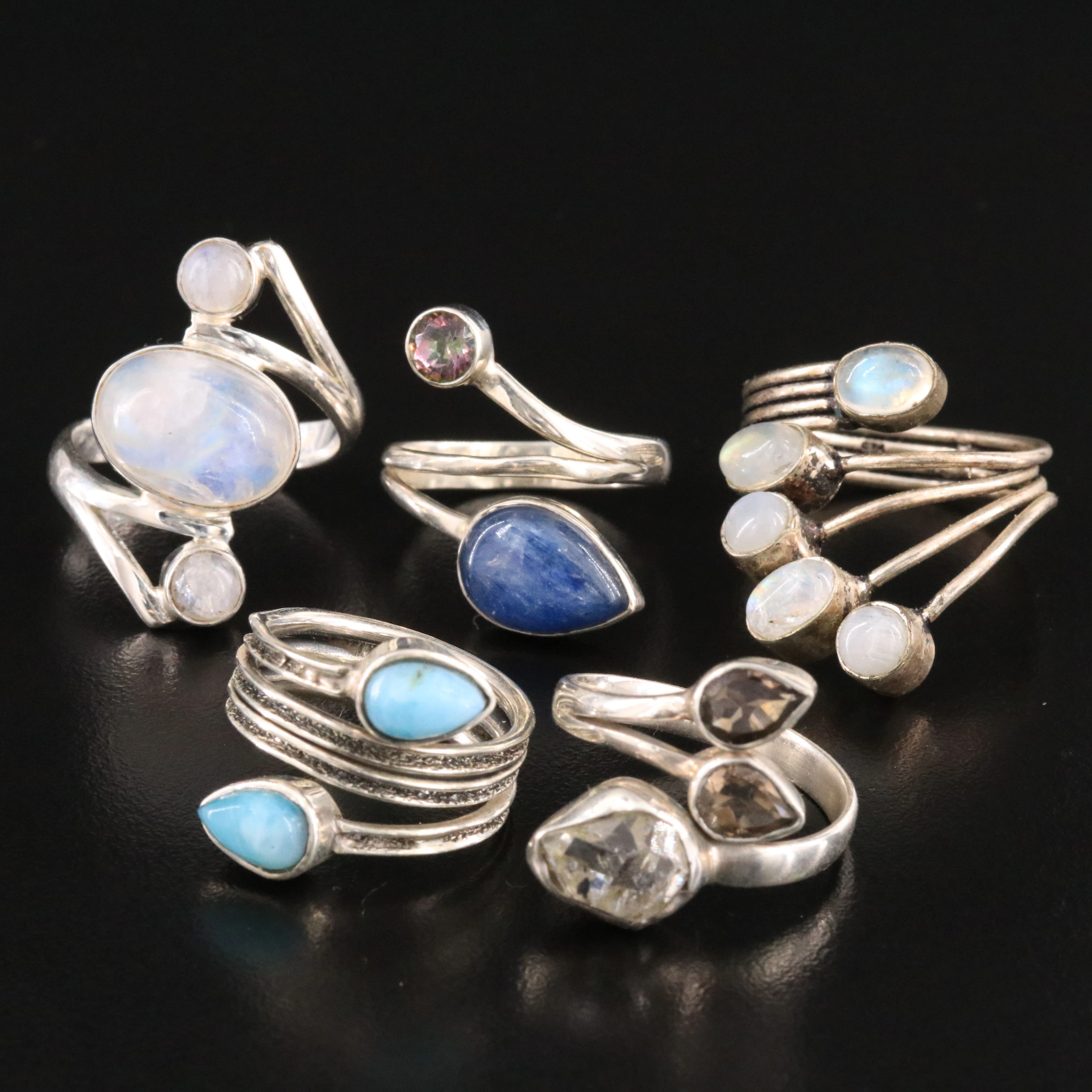 Sterling Moonstone, Rock Crystal Quartz and Smoky Quartz Ring Lot