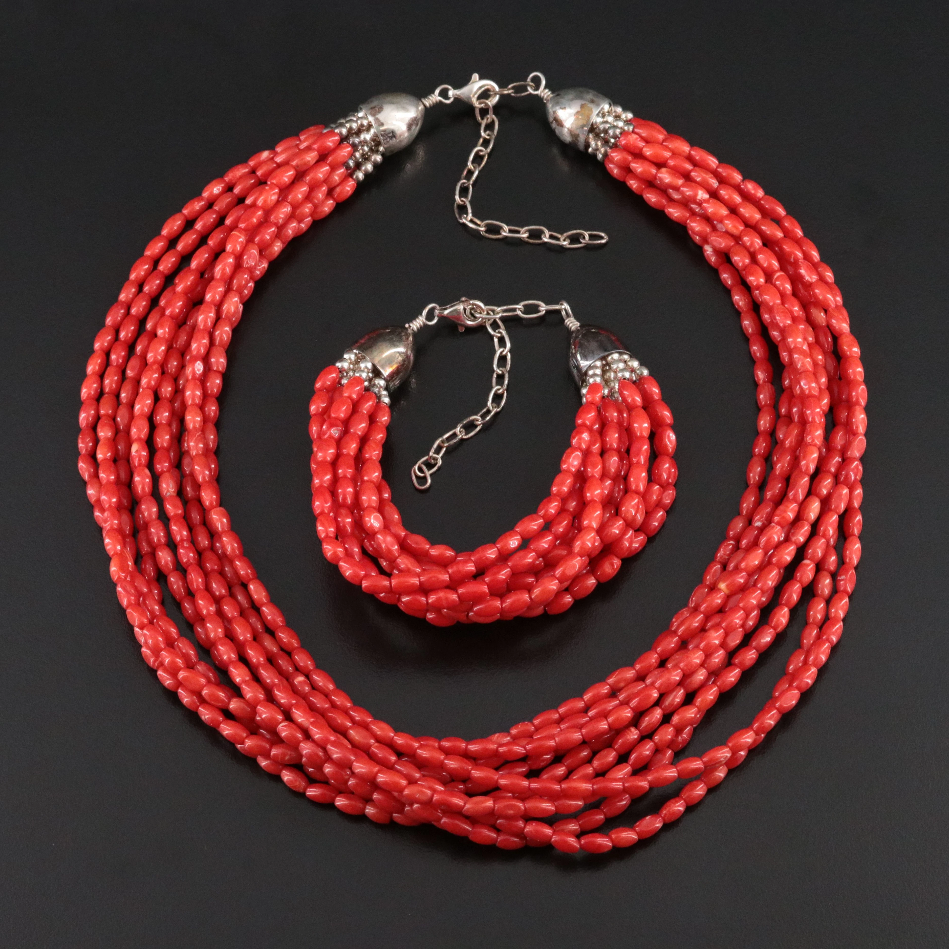 Desert Rose Trading Sterling Ten Strand Coral Necklace And Bracelet