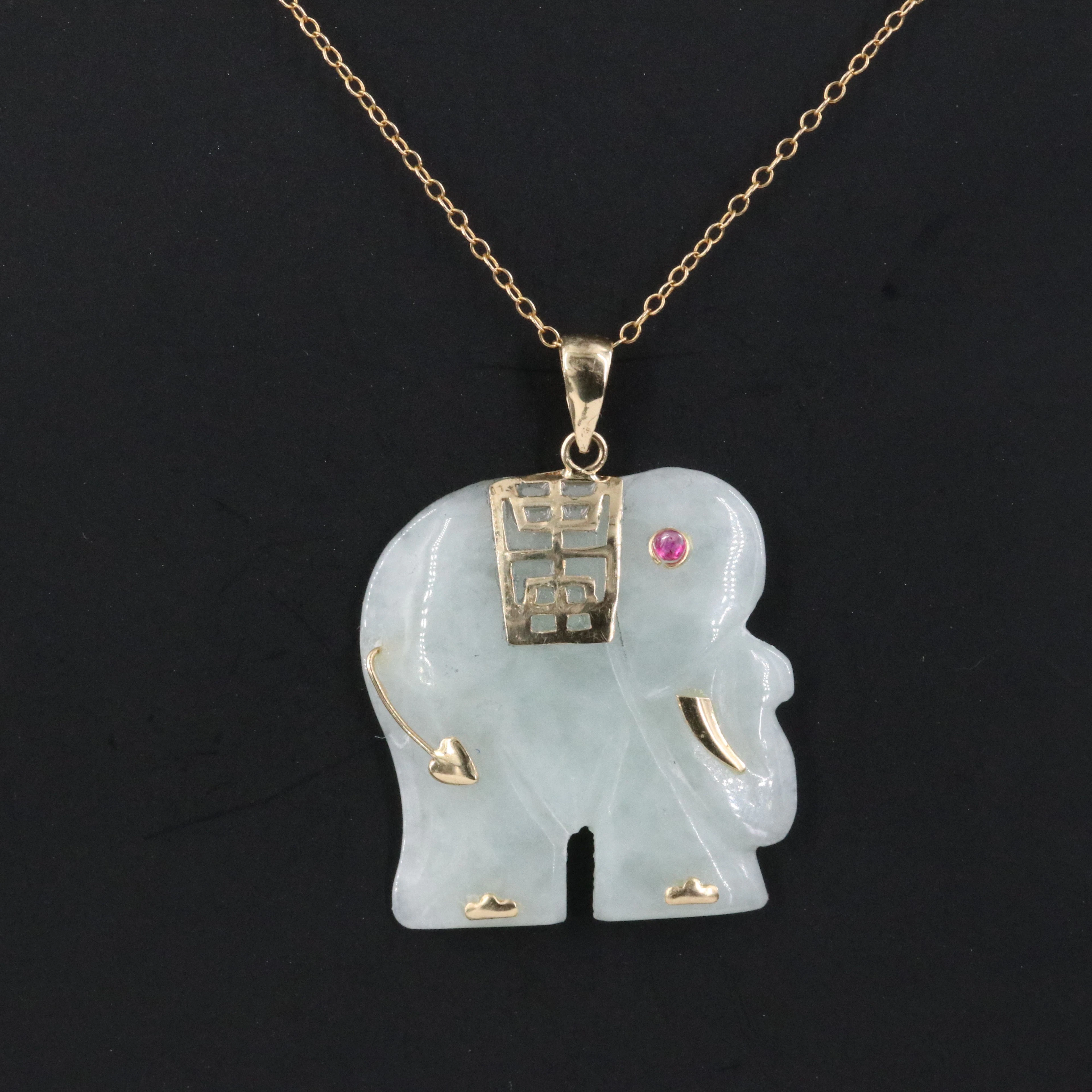 14K Jadeite and Ruby Longevity Lucky Elephant Pendant Necklace