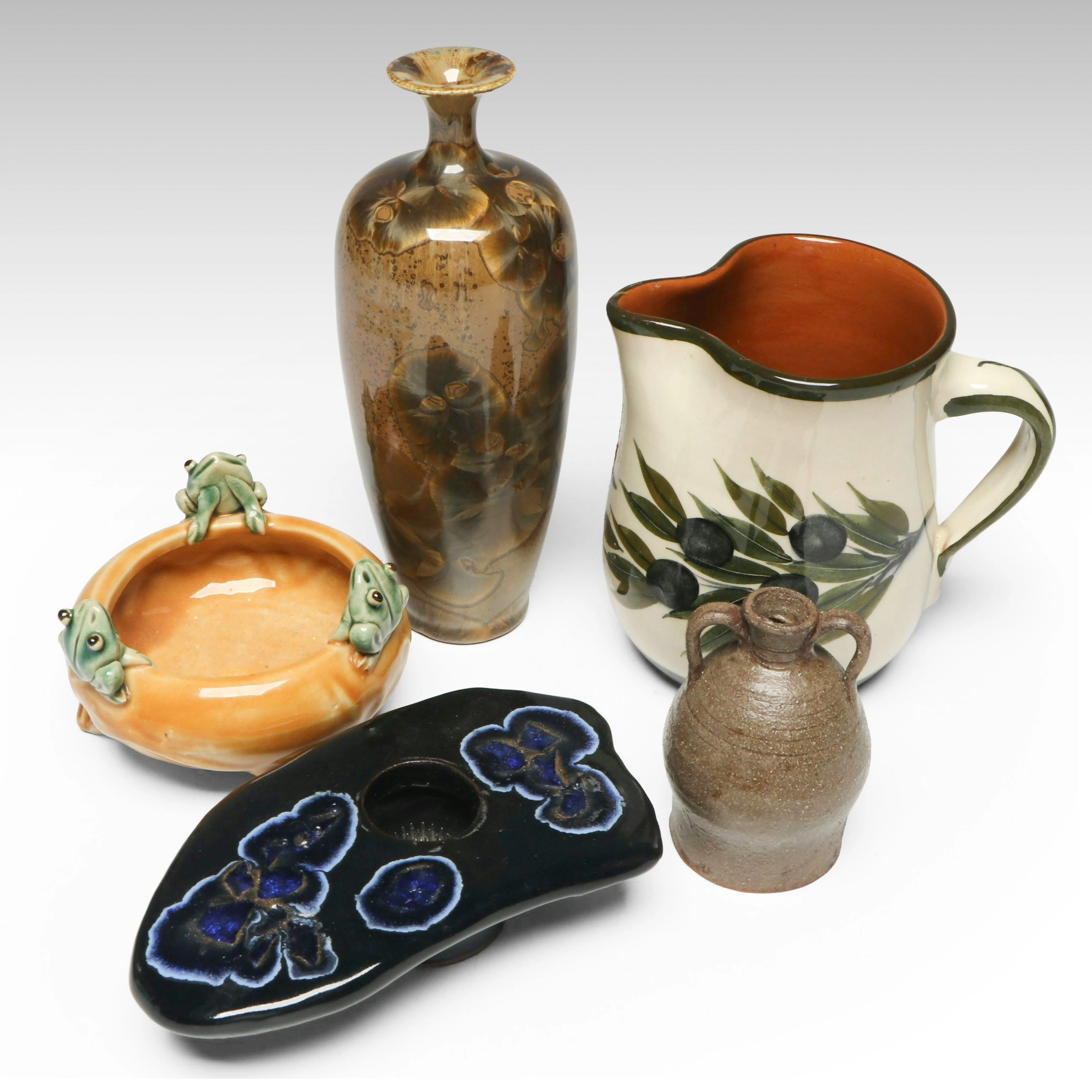 Greece Hand-Painted Pitcher with Studio Pottery Vase, Frog Bowl and Jug