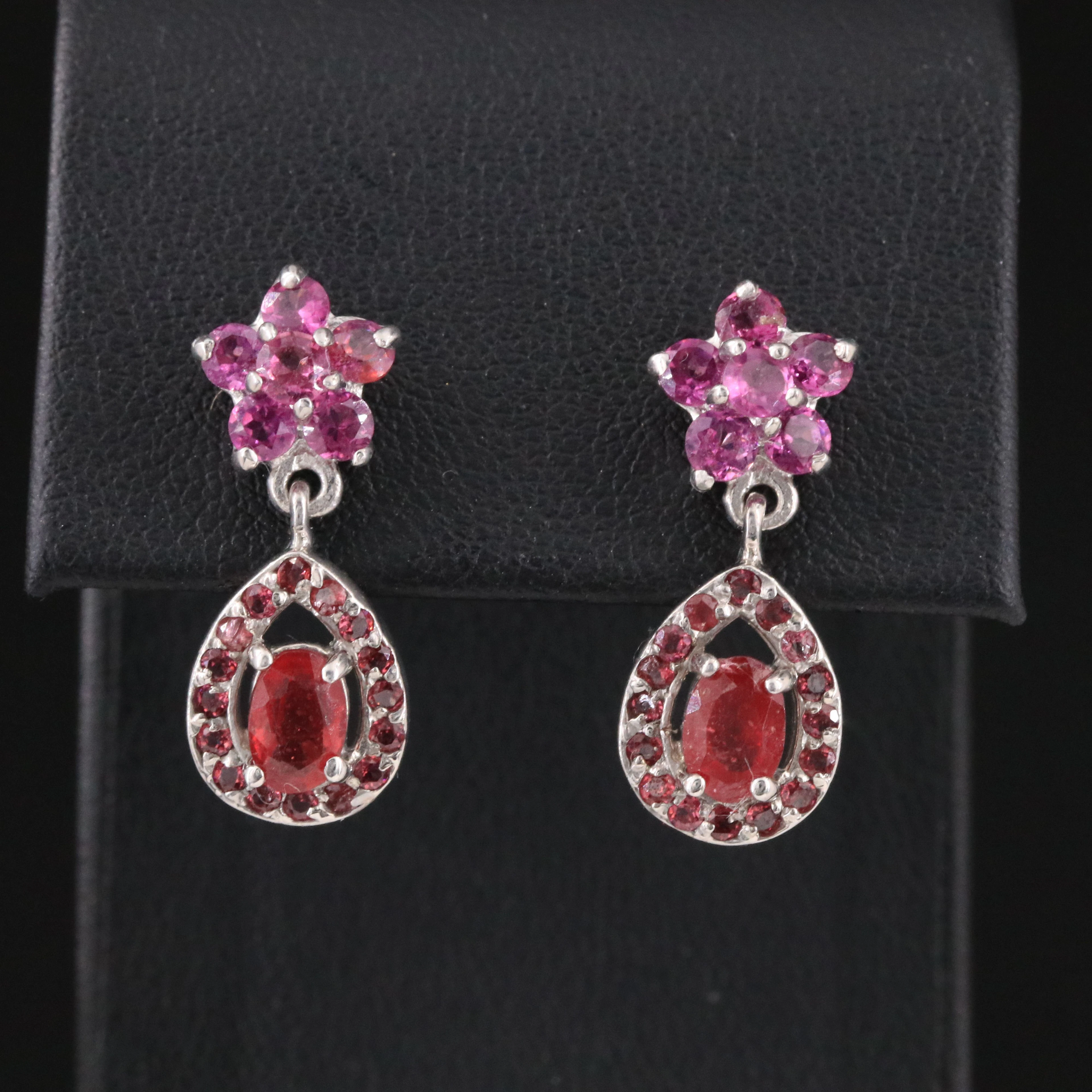Sterling Corundum and Tourmaline Floral Drop Earrings