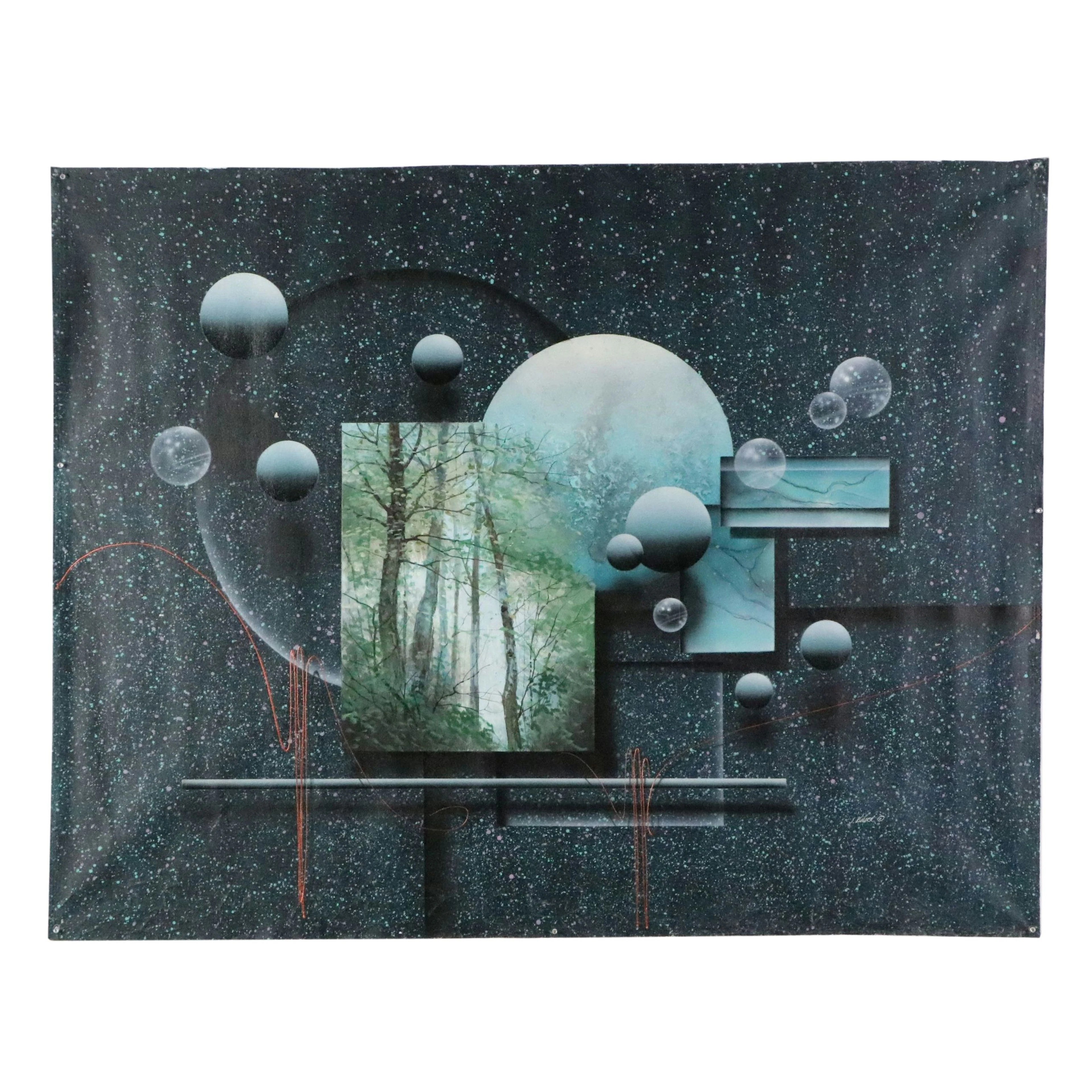 Josef Kugler Surreal Cosmic Landscape Oil and Acrylic Painting, 1980s