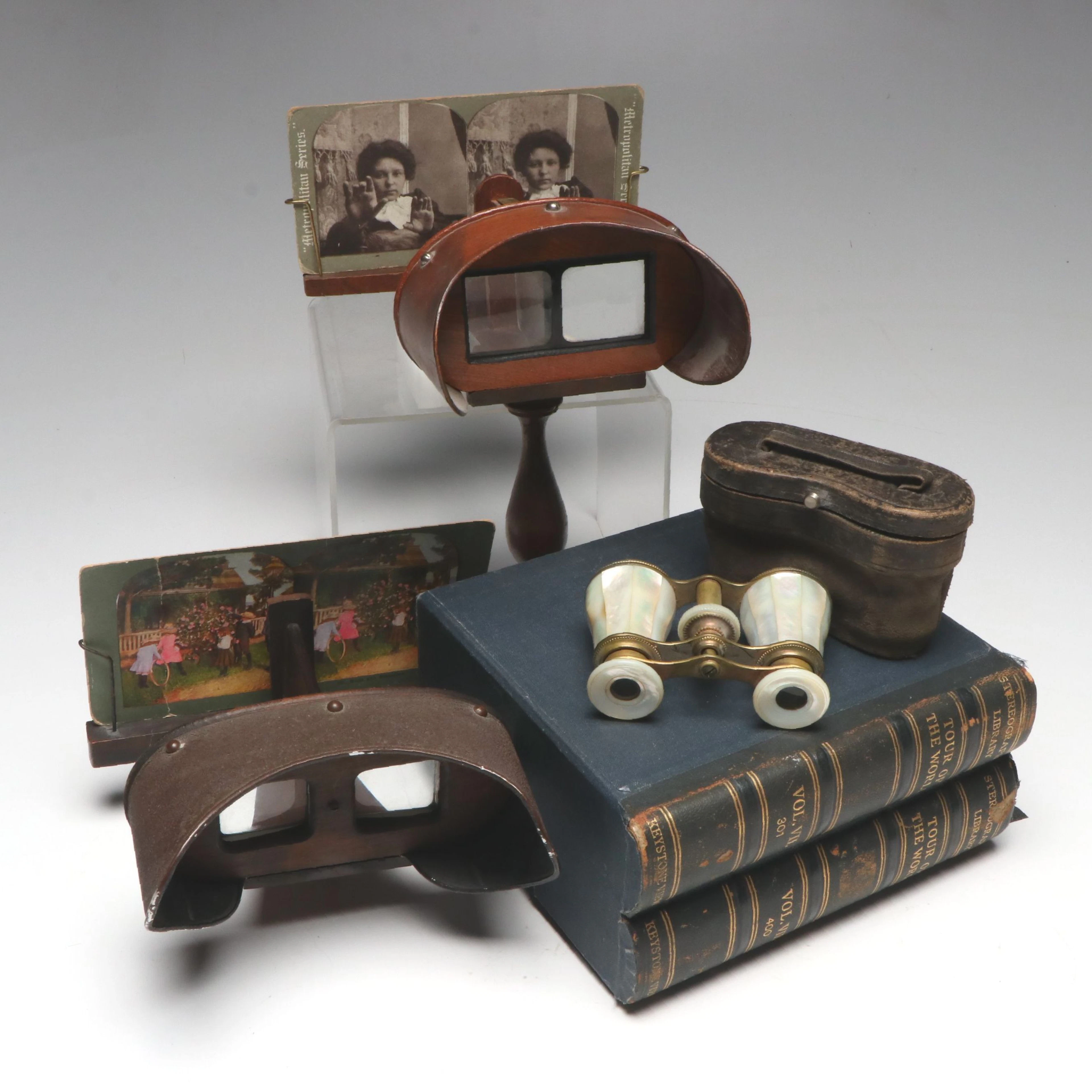 MOP Opera Glasses with Wood Stereoscope Viewers and Slides