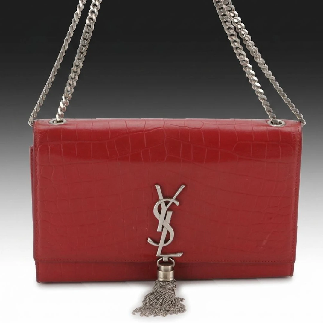 Saint Laurent YSL Kate Tassel Chain Strap Bag in Red Croc-Embossed Leather