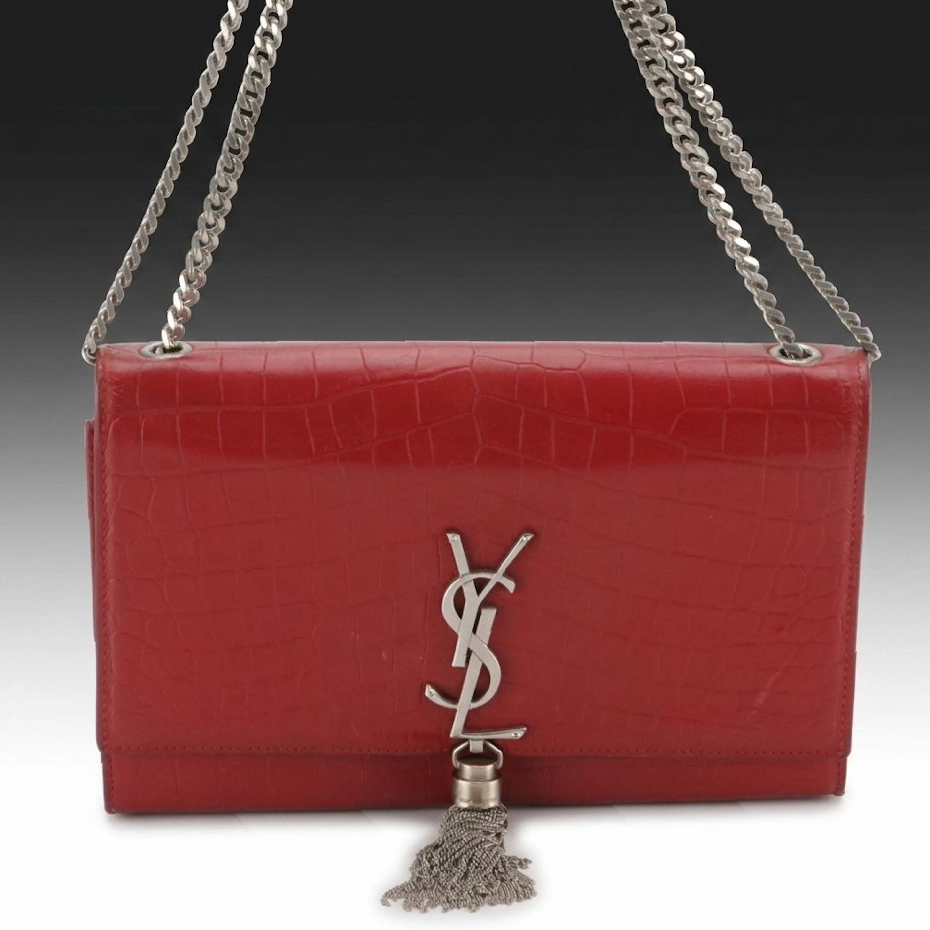 Saint Laurent YSL Kate Tassel Chain Strap Bag in Red Croc-Embossed Leather