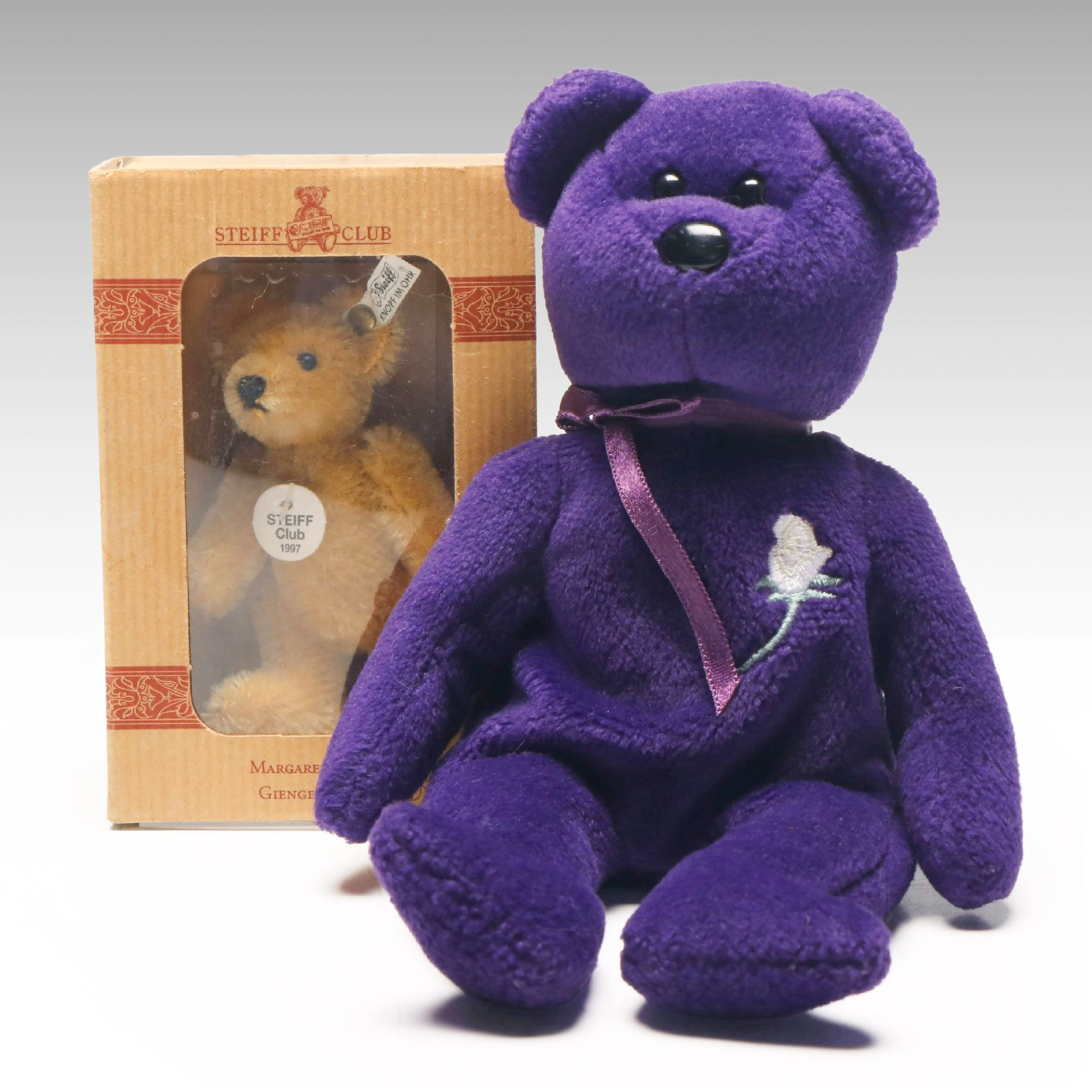 Ty "Princess Diana" Beanie Baby and Steiff Club Miniature Teddy Bear, 1997