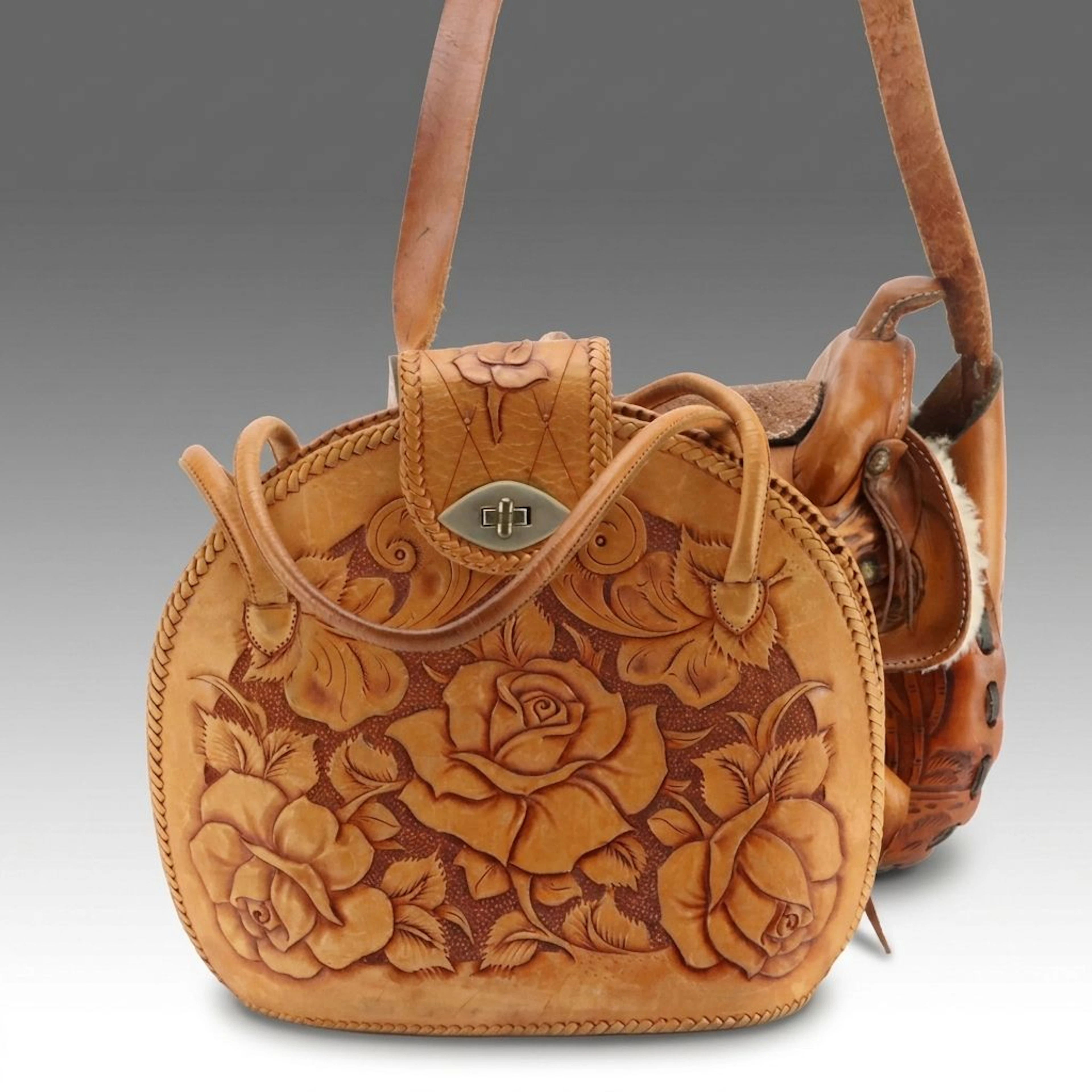 Hand-Tooled Leather Saddle Purse and Tote Bag