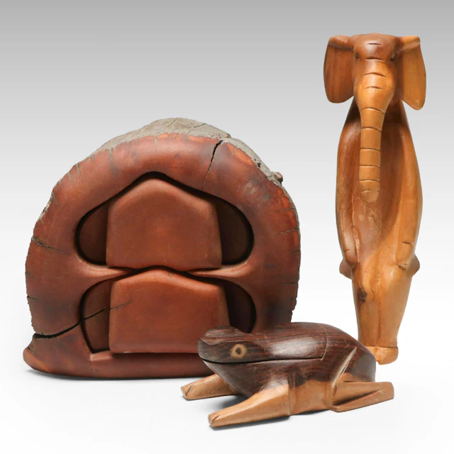 Spancraft Hand-Carved Wooden Box with Frog Stash Box and Kenyan Elephant