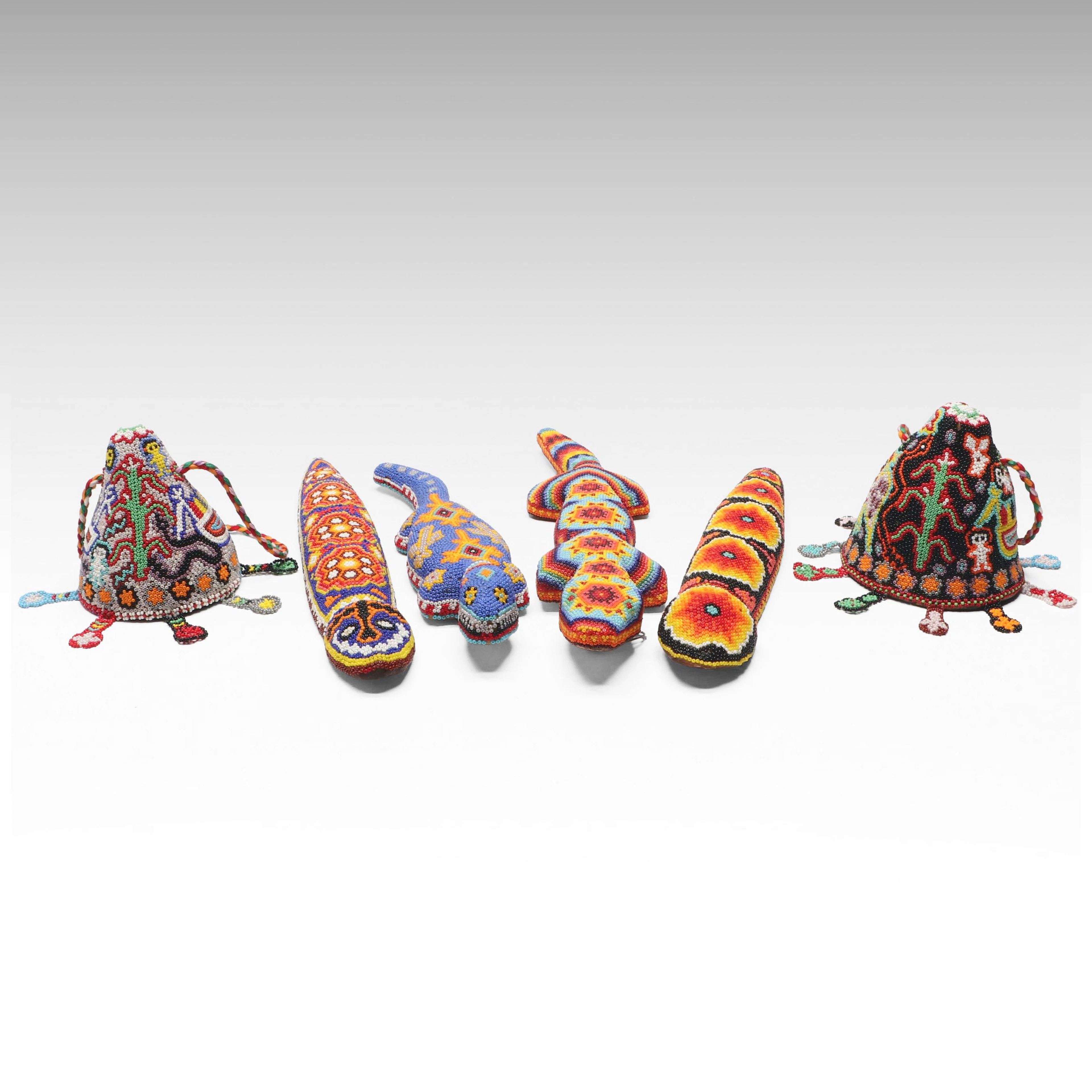 Huichol Mexican Folk Art Beaded Wooden Snakes, Lizards and Bells