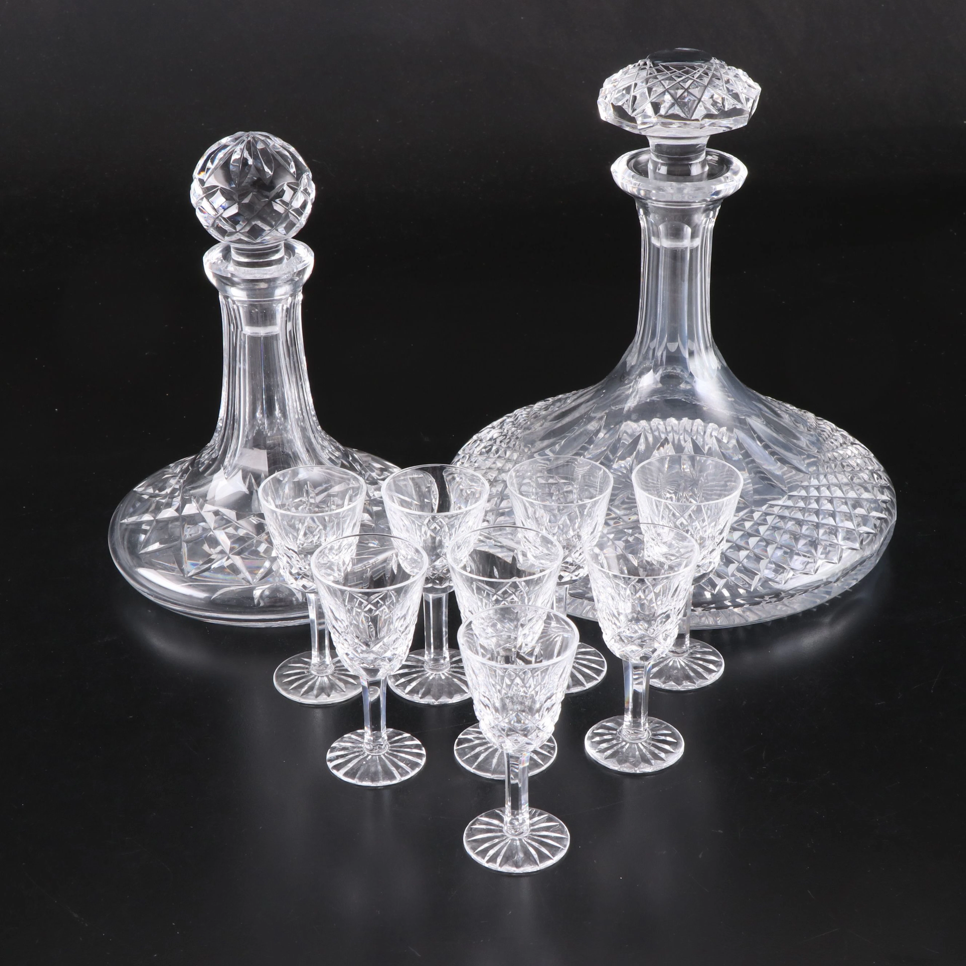 Galway "Claddagh" and Waterford Decanters with "Lismore" Cordial Glasses