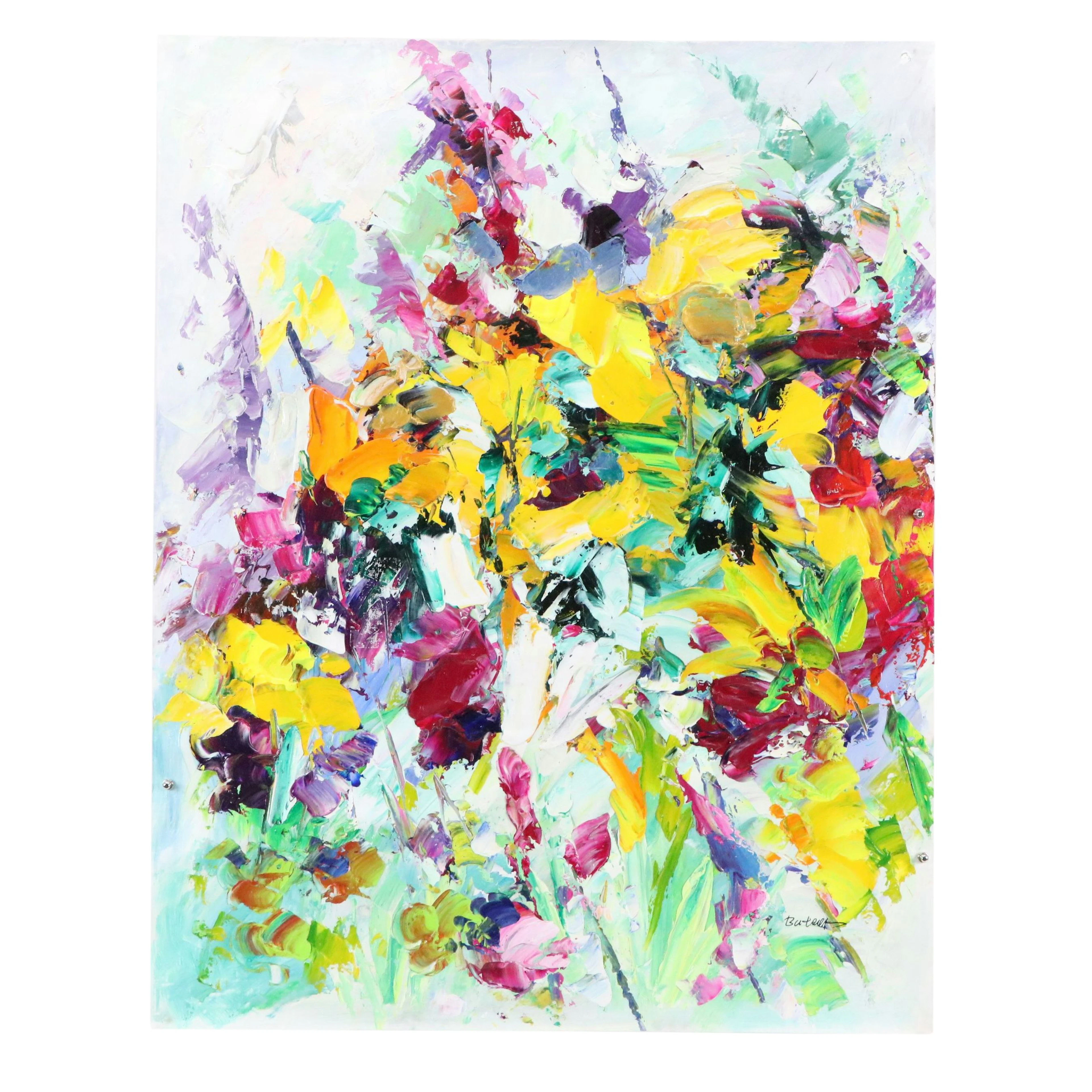 Expressionist Style Oil Painting of Abstracted Flowers, 21st Century