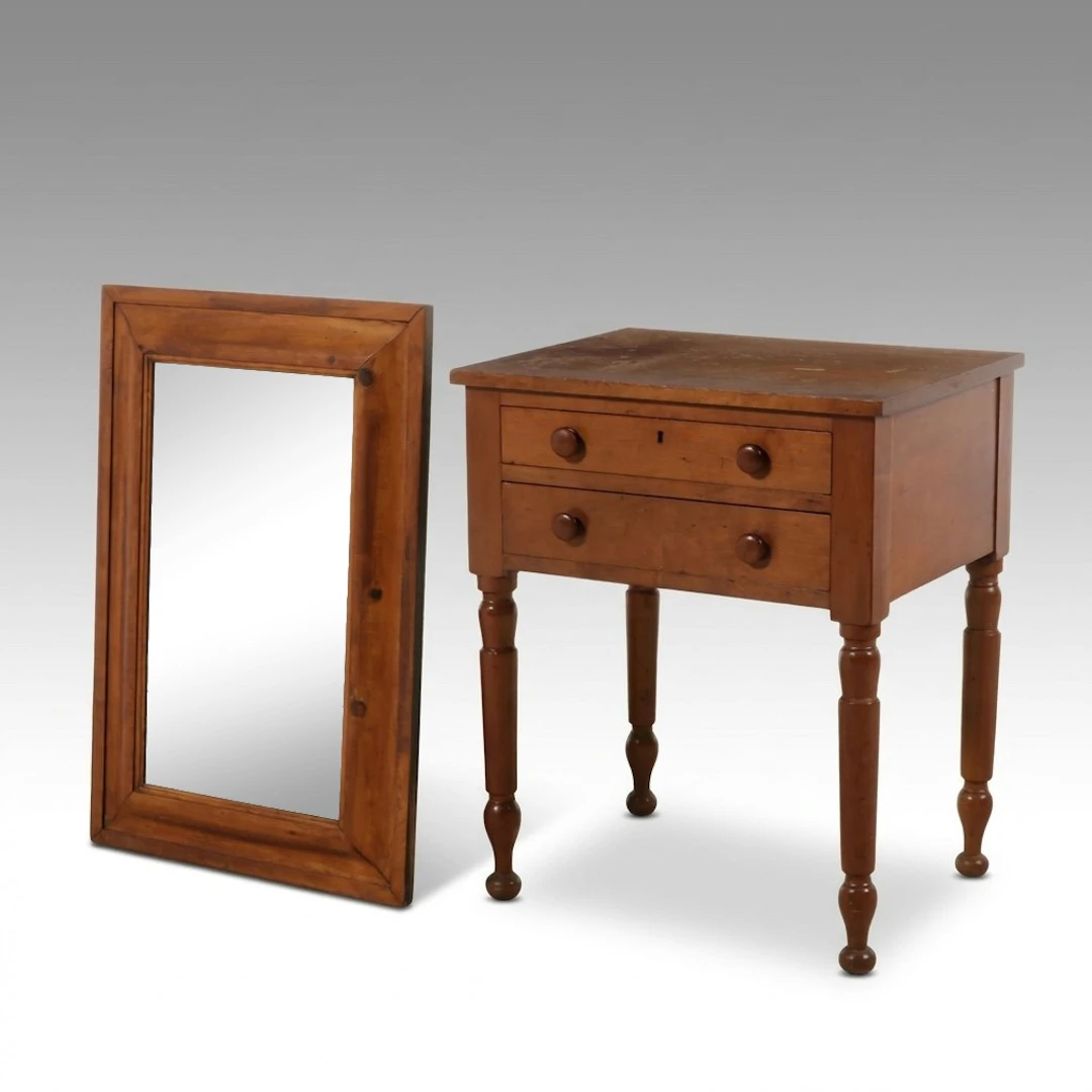 American Country Sheraton Style Two-Drawer Work Table and Mirror, 19th Century