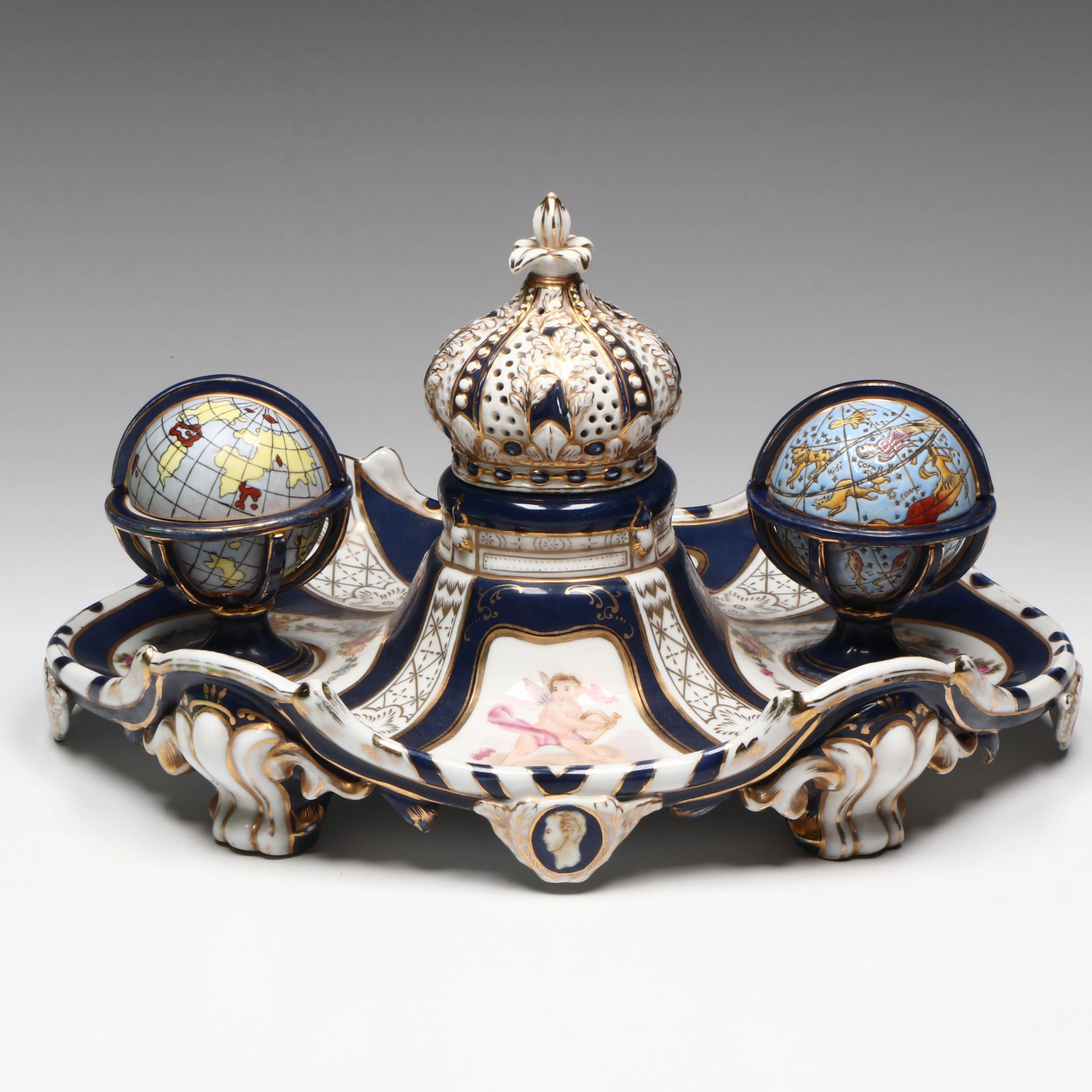 Sèvres Style Cobalt Ground Porcelain Inkwell, Mid to Late 20th Century