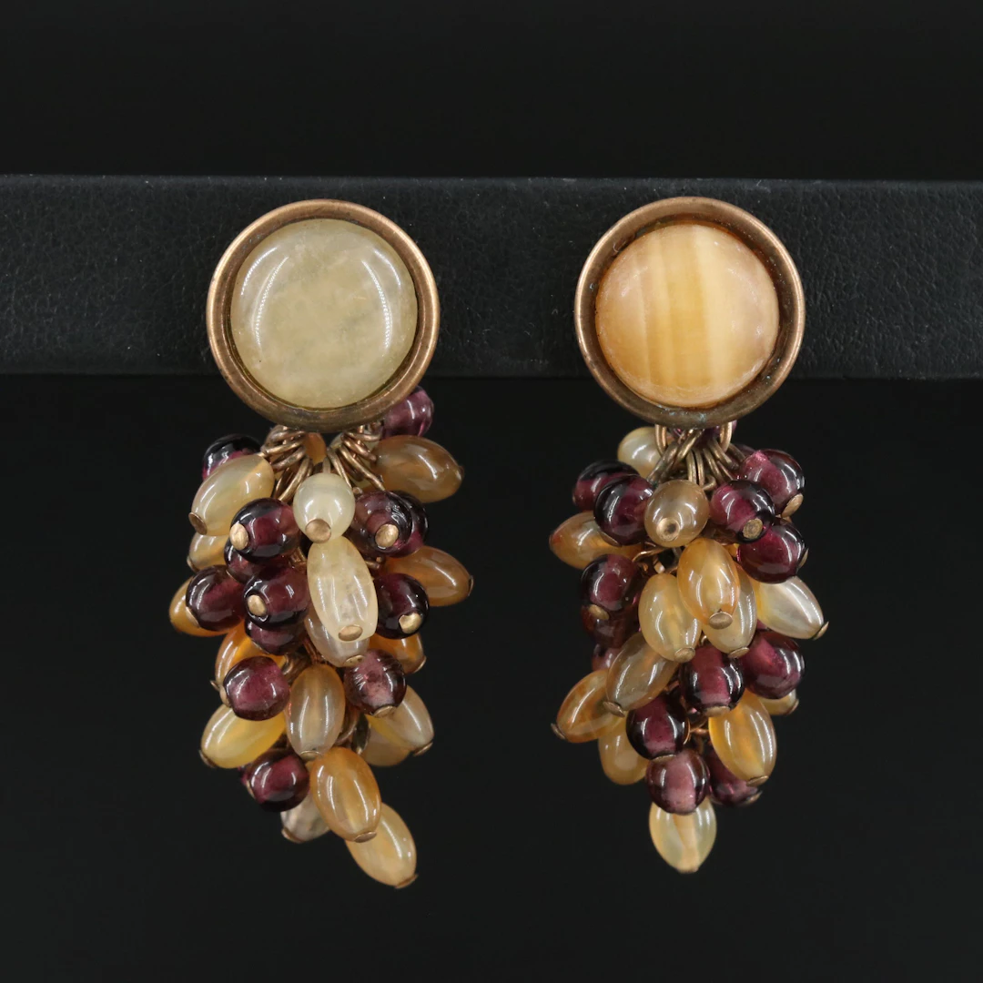 Agate, Citrine, and Rhodolite Garnet Pom Pom Drop Earrings