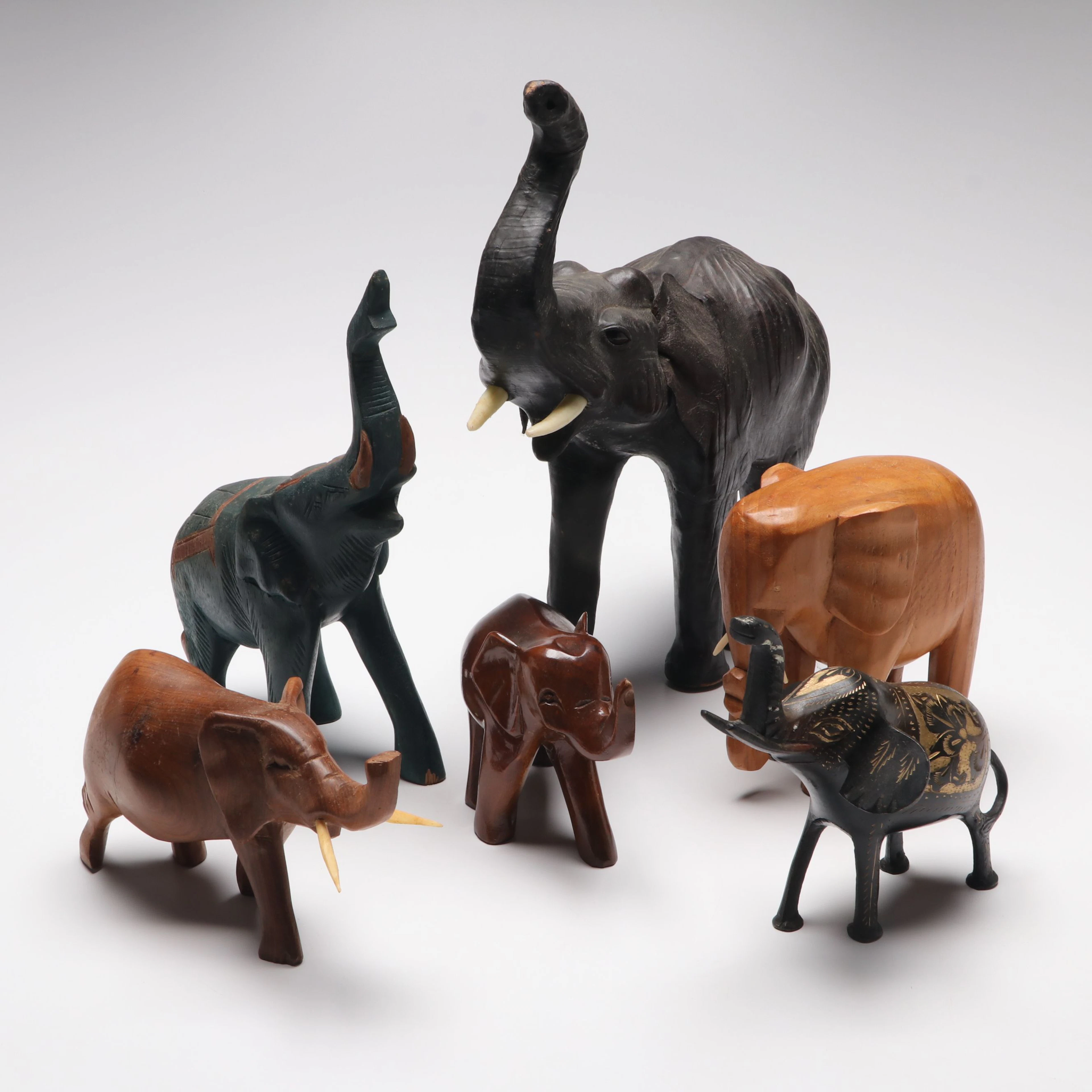 African Style Leather Wrapped, Wooden and Metal Elephants