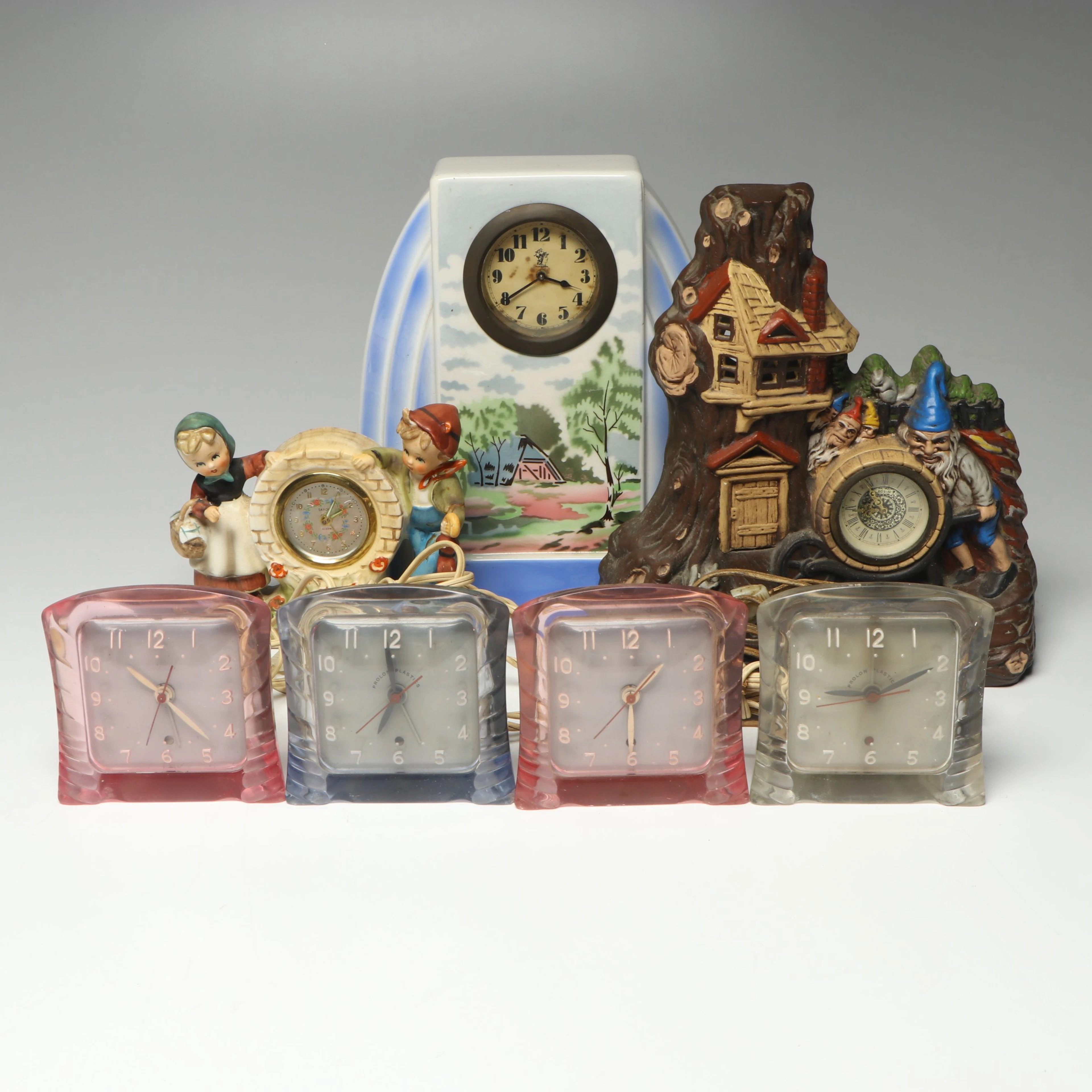 Gilbert MCM Desk Clocks with Saxon and More Whimsical Ceramic Mantel Clocks