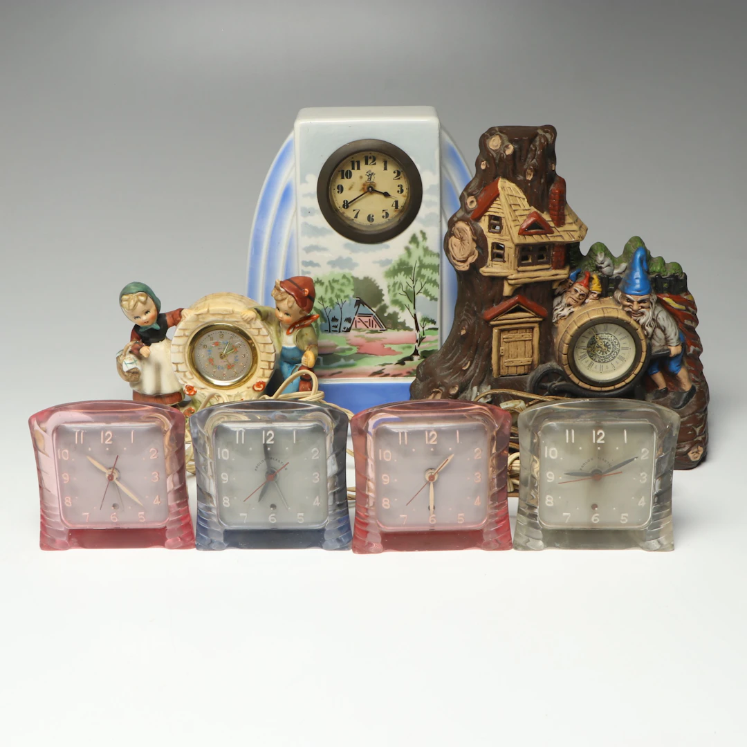 Gilbert MCM Desk Clocks with Saxon and More Whimsical Ceramic Mantel Clocks
