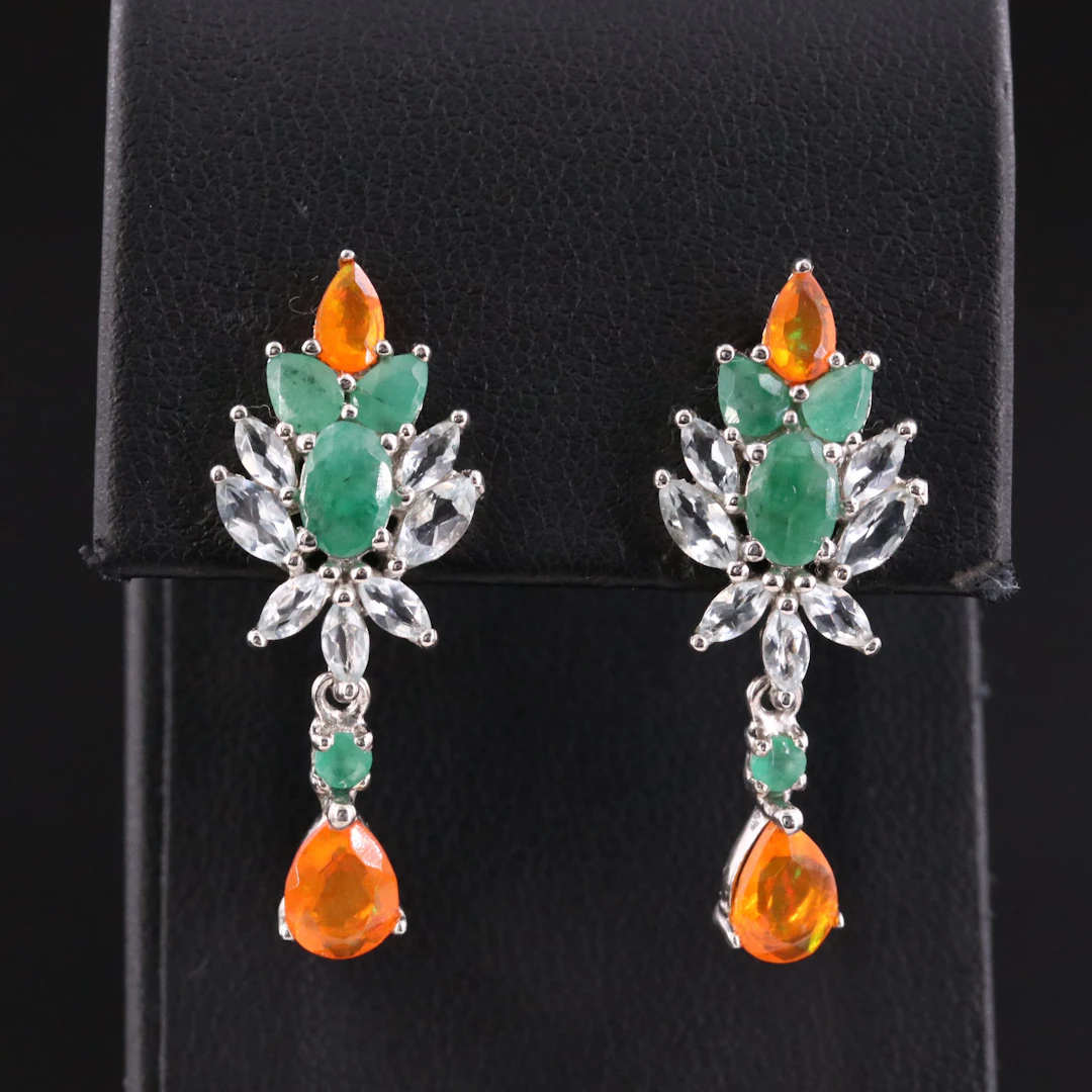 Sterling Emerald, Aquamarine and Fire Opal Earrings