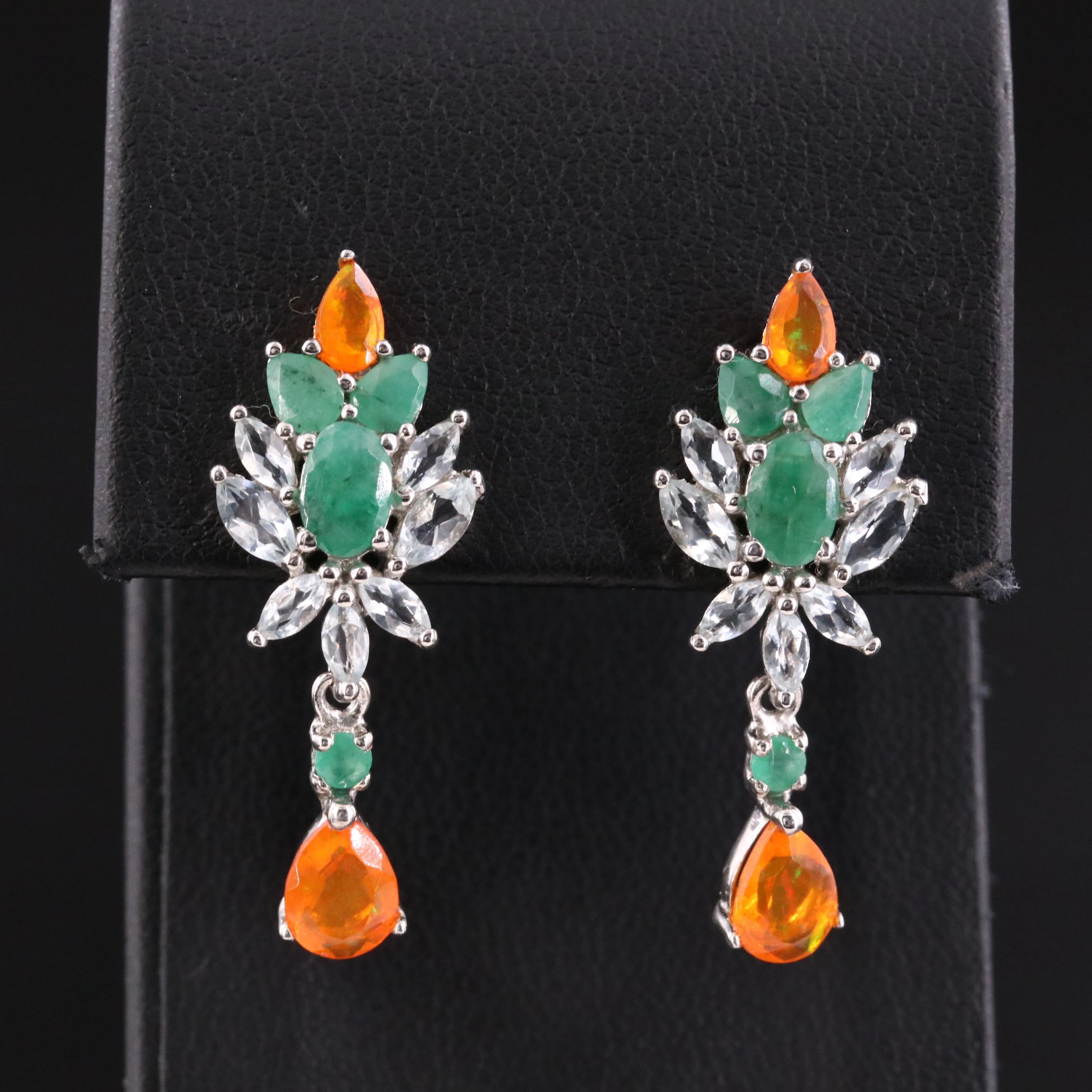 Sterling Emerald, Aquamarine and Fire Opal Earrings