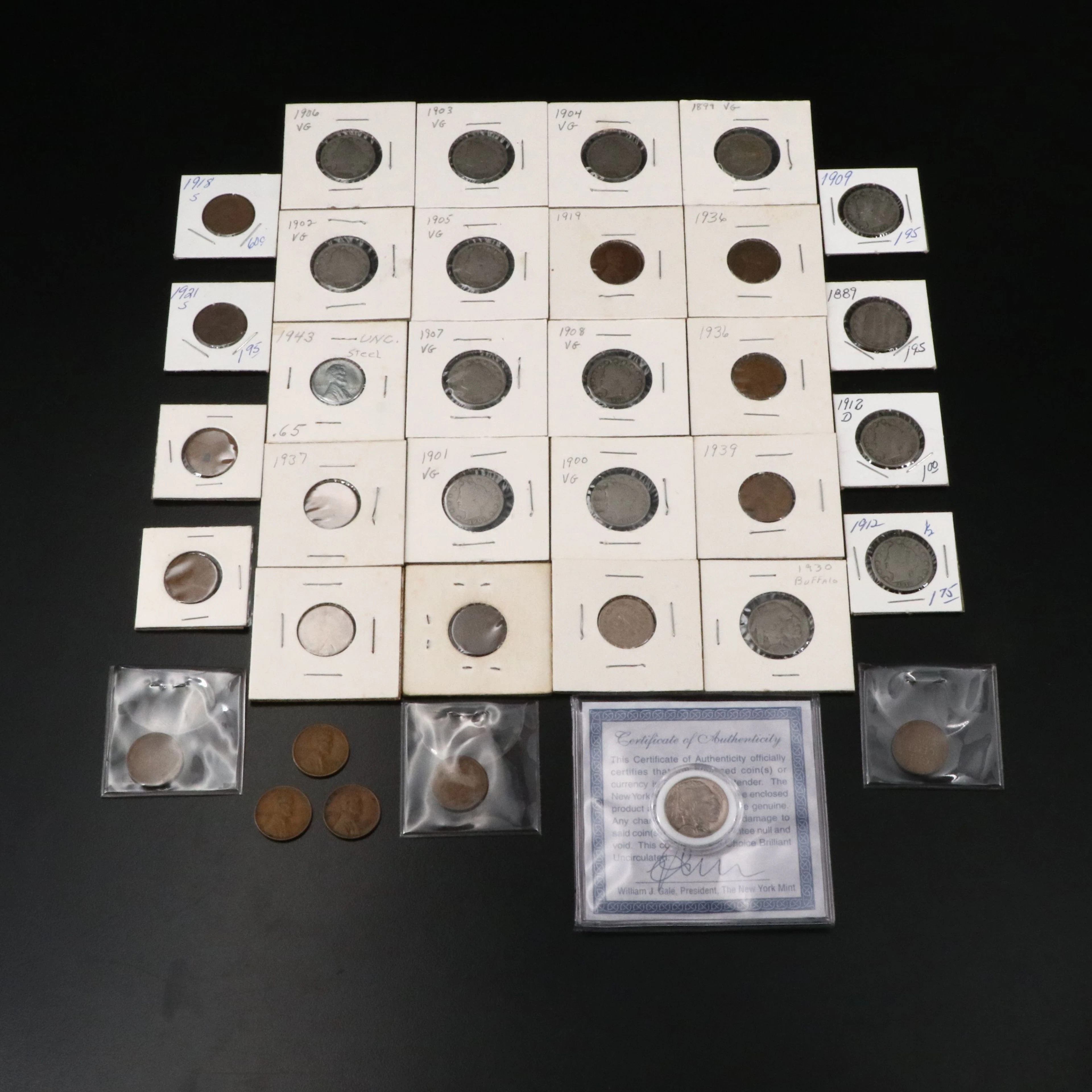 Indian Head Cents, Wheat Cents, "V" Nickels and Buffalo Nickels
