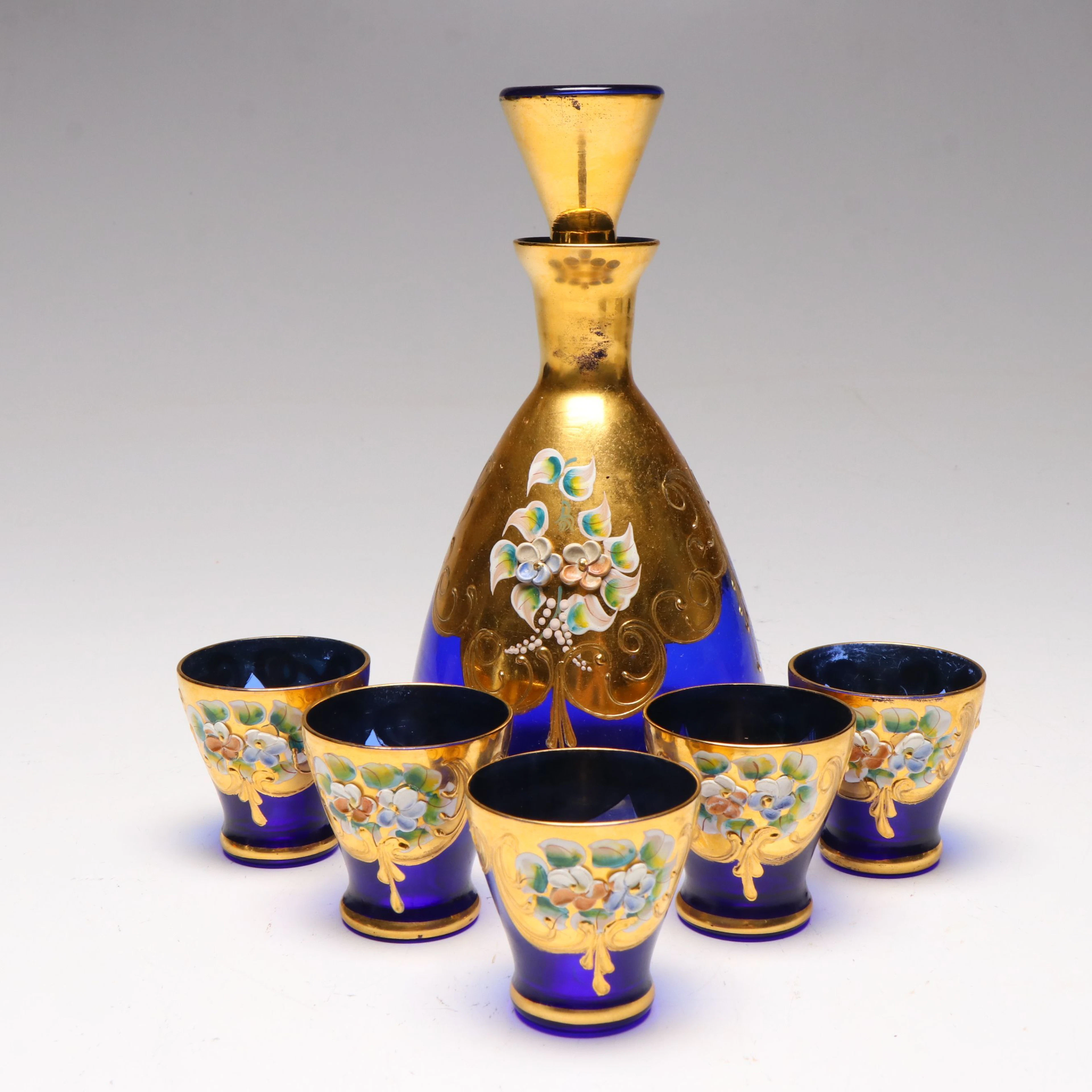 Bohemian Style Enameled Cobalt Glass Decanter Set, Mid to Late 20th Century