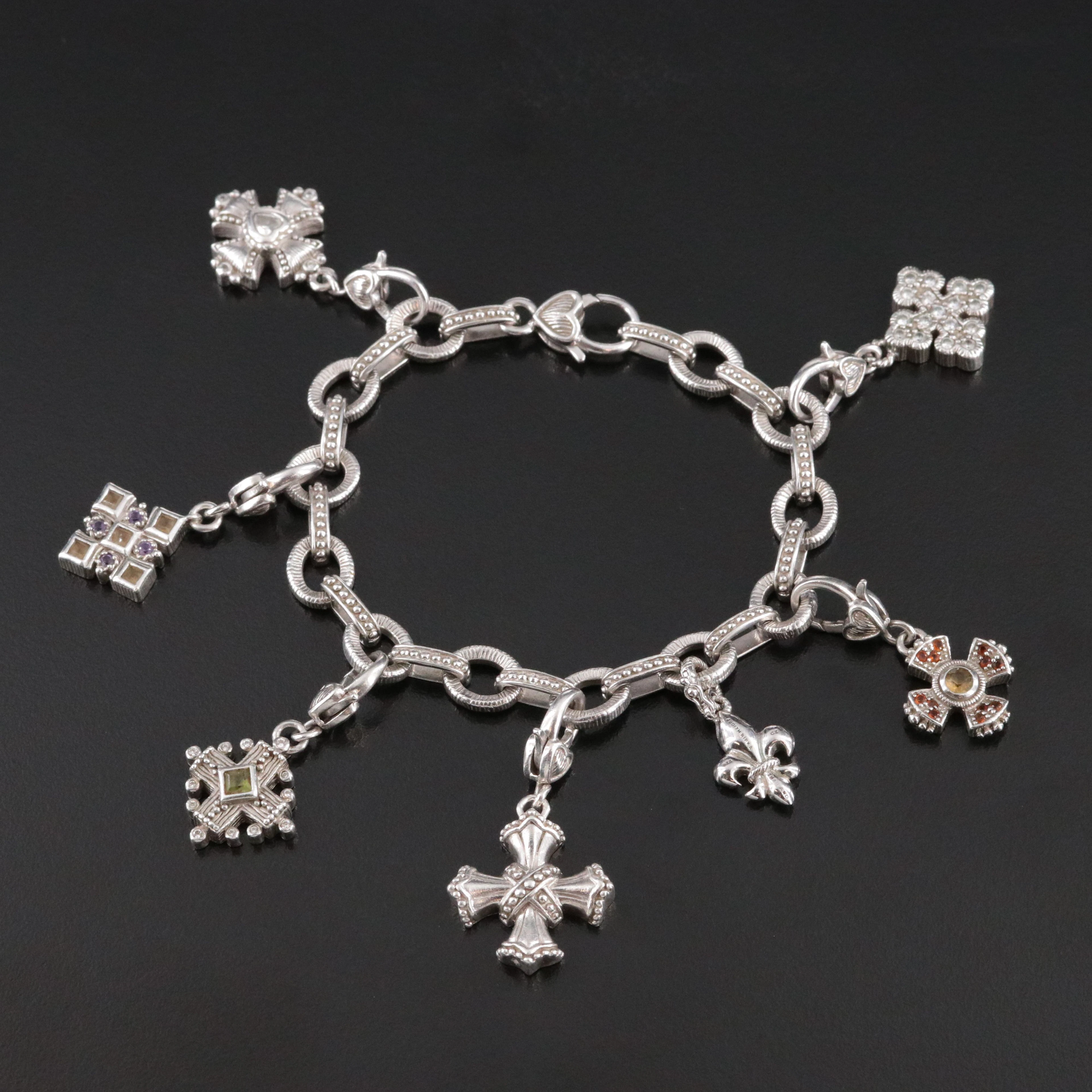Judith Ripka Sterling Amethyst, Citrine, and CZ Maltese Cross Charm Bracelet