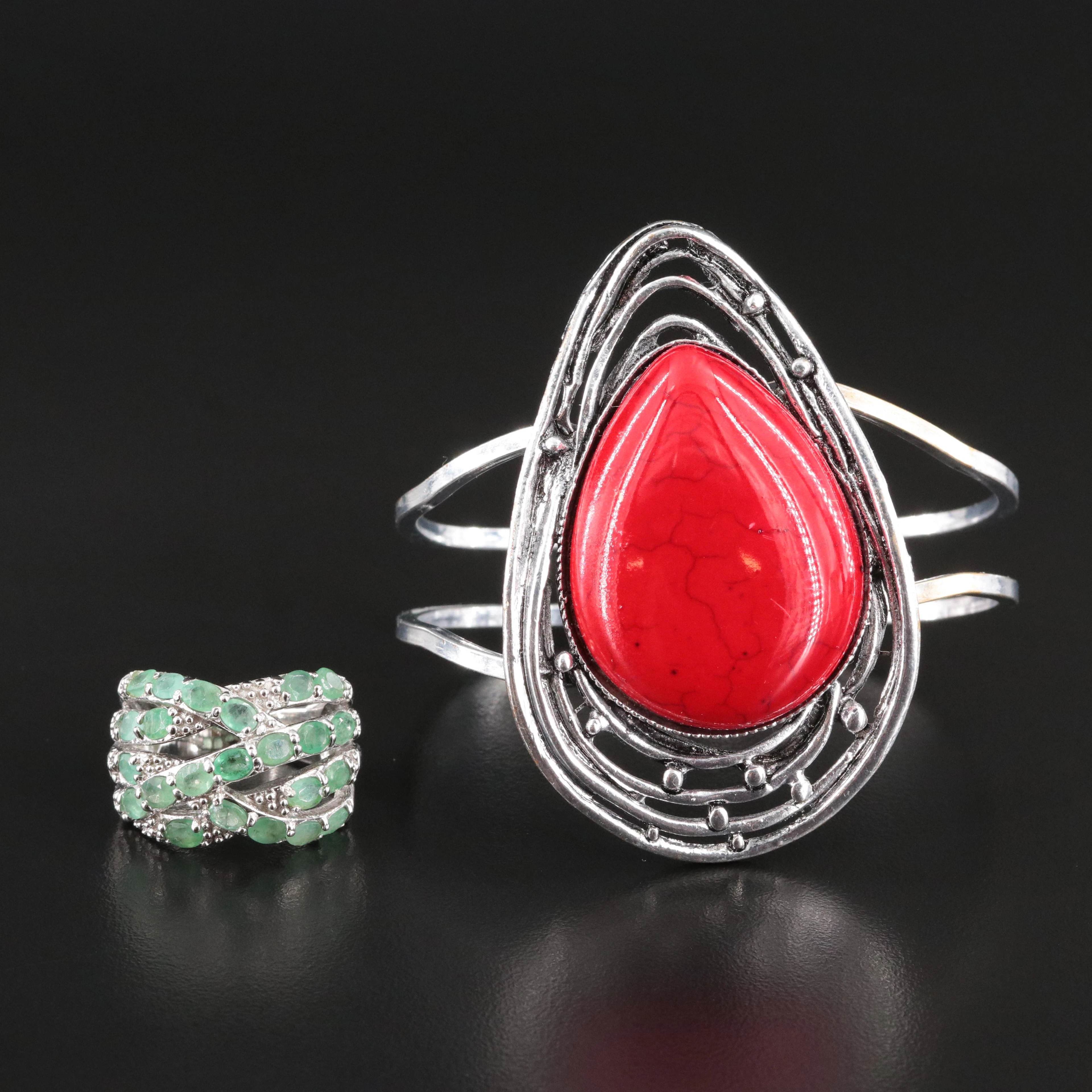 Sterling Emerald Crossover Ring with Howlite Bracelet