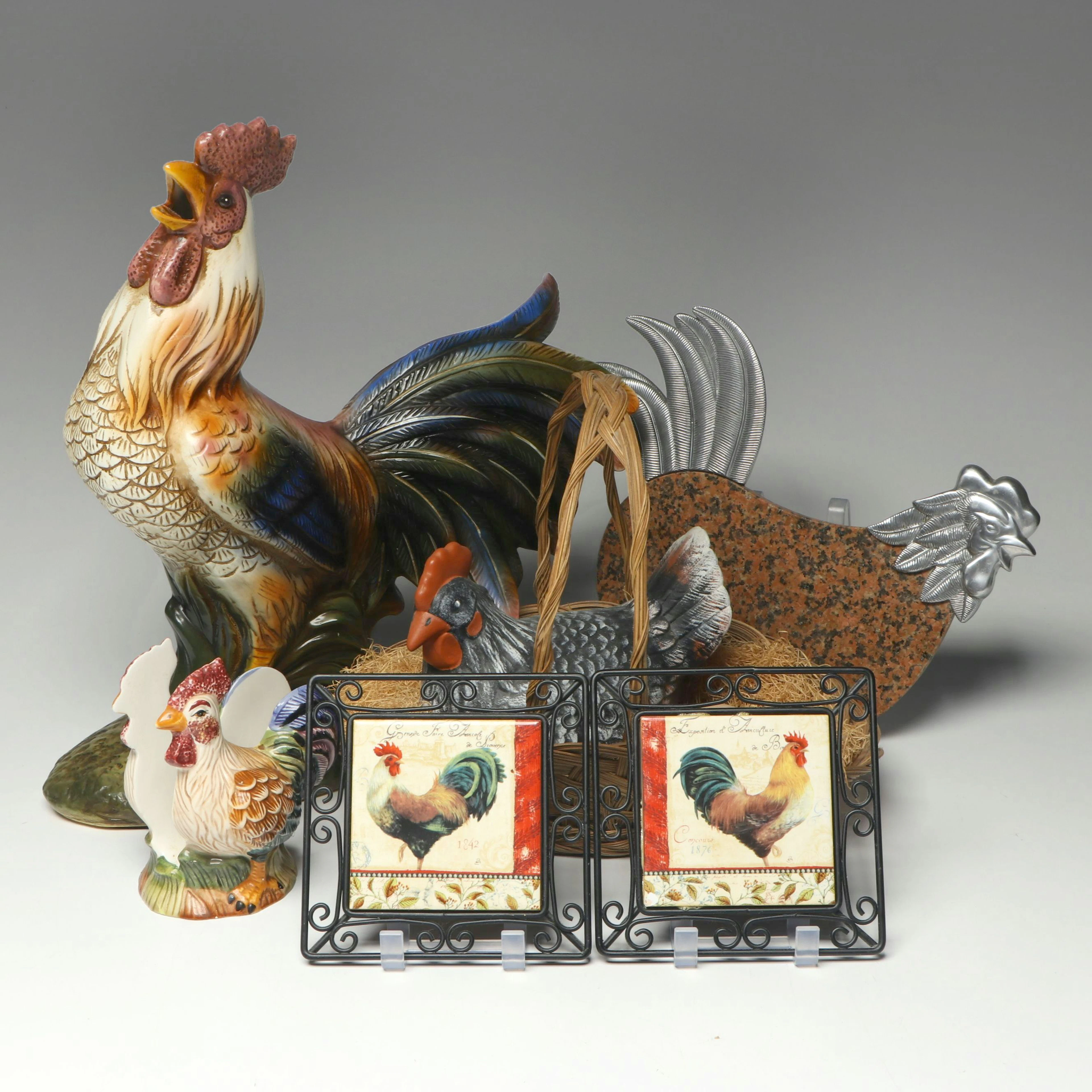 En Provence Cheese Board with Ceramic Rooster Figurine and More Farmhouse Décor