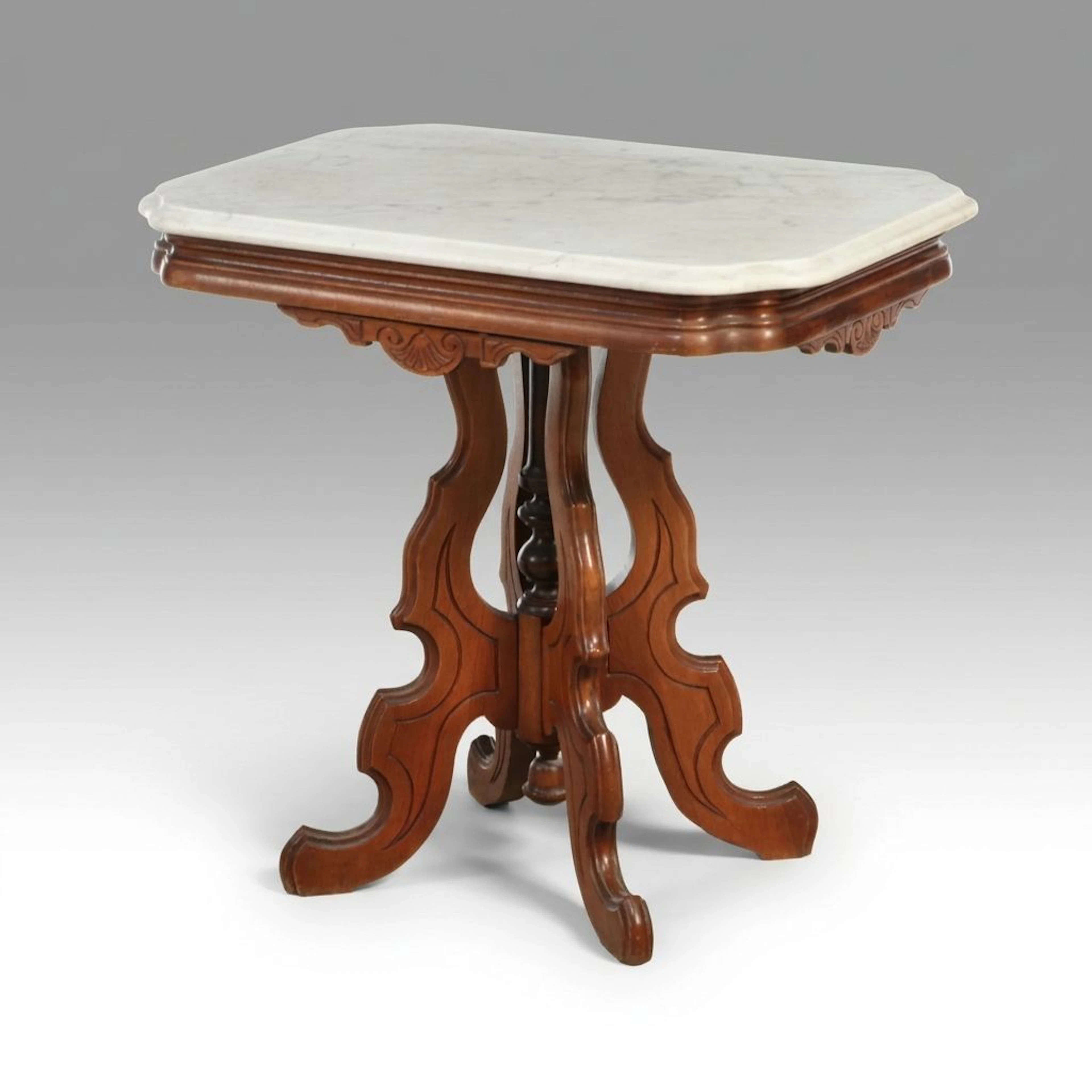 Victorian Walnut Center Table with Marble Top, 19th Century