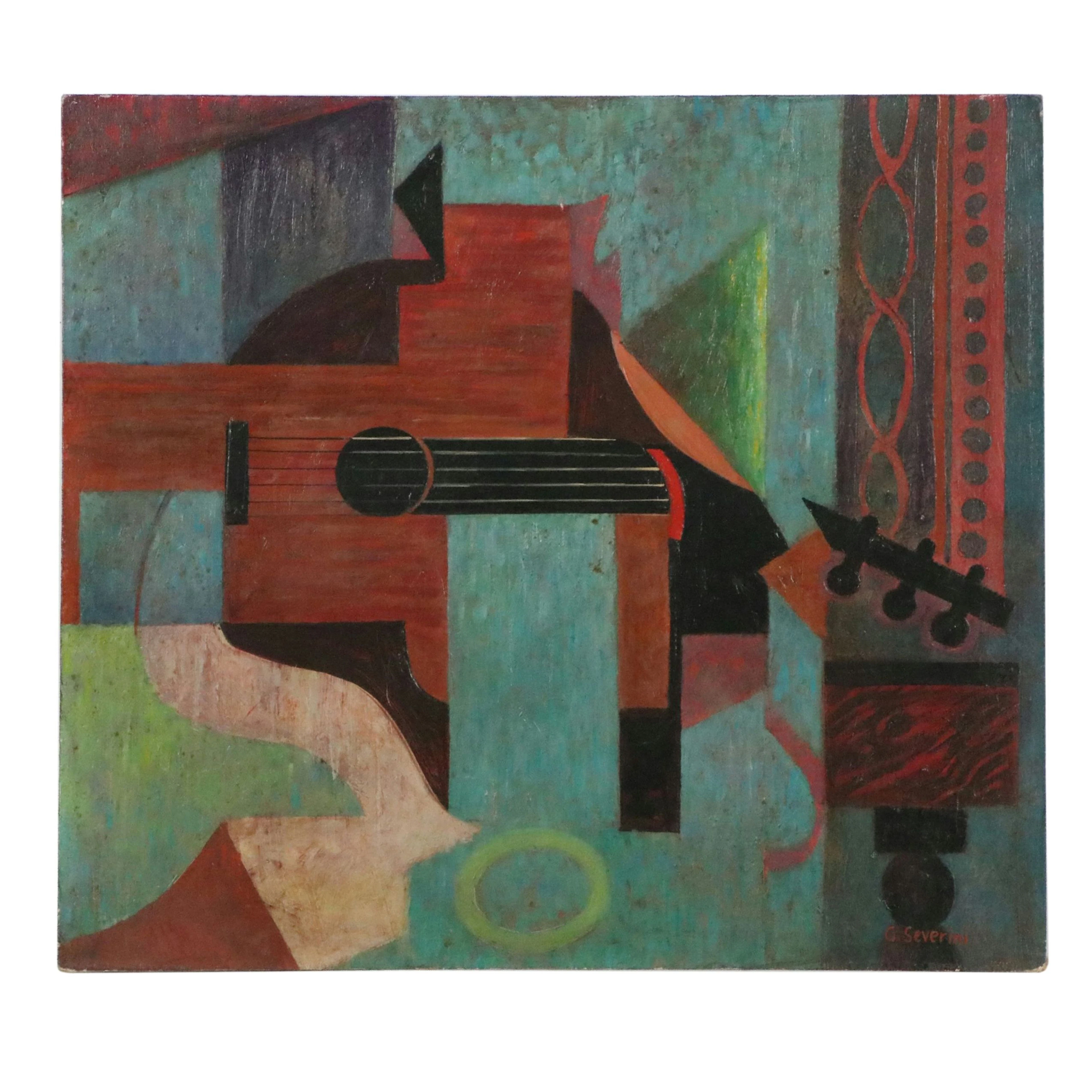 After Gino Severini Cubist Oil Painting of Guitar, Circa Mid-20th Century