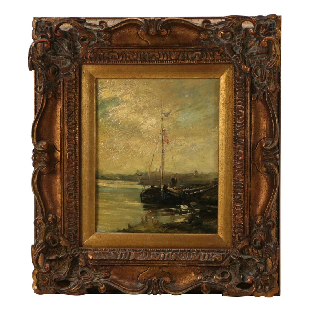 Attributed to Thomas Casilear Cole Oil Painting of Sailboat in Harbor