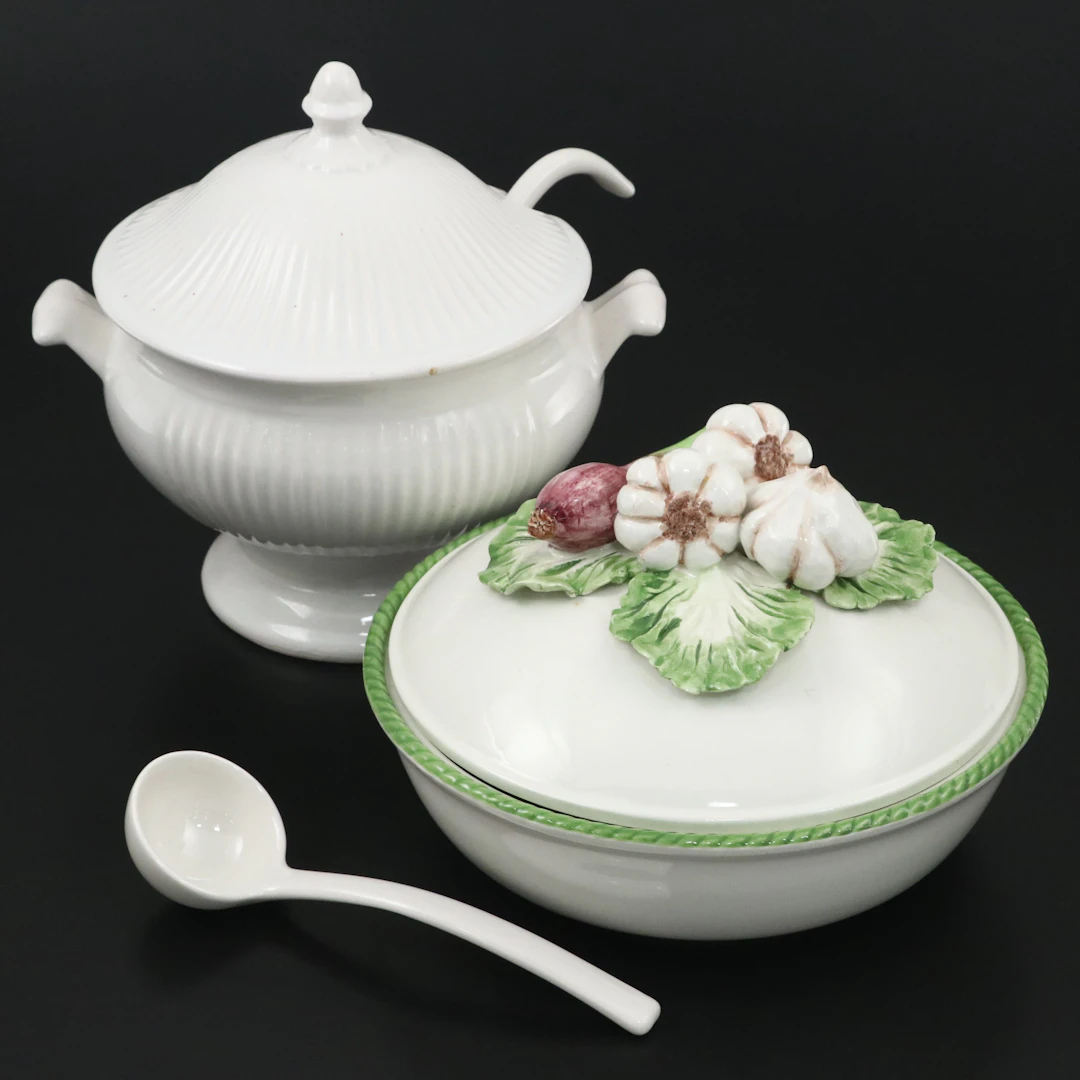 Fluted Tureen with Italian Vegetable Ceramic Dish, Late 20th/ Early