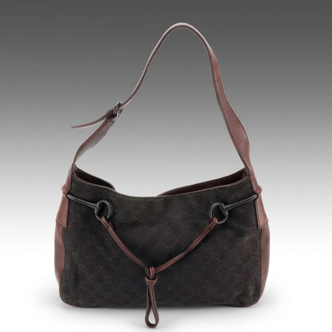 Gucci Drawstring Horsebit Hobo Bag in Dark Brown GG Canvas and Leather