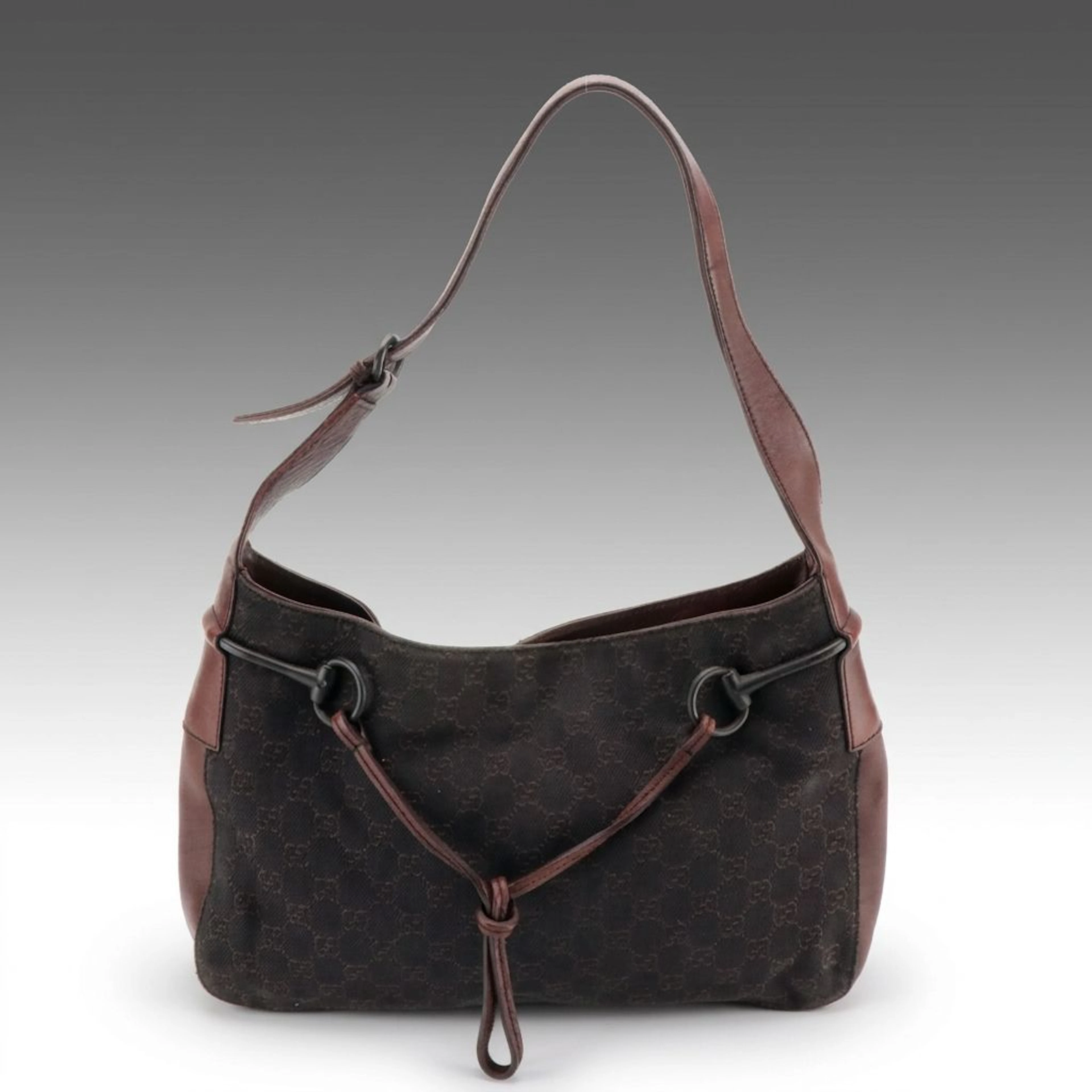 Gucci Drawstring Horsebit Hobo Bag in Dark Brown GG Canvas and Leather