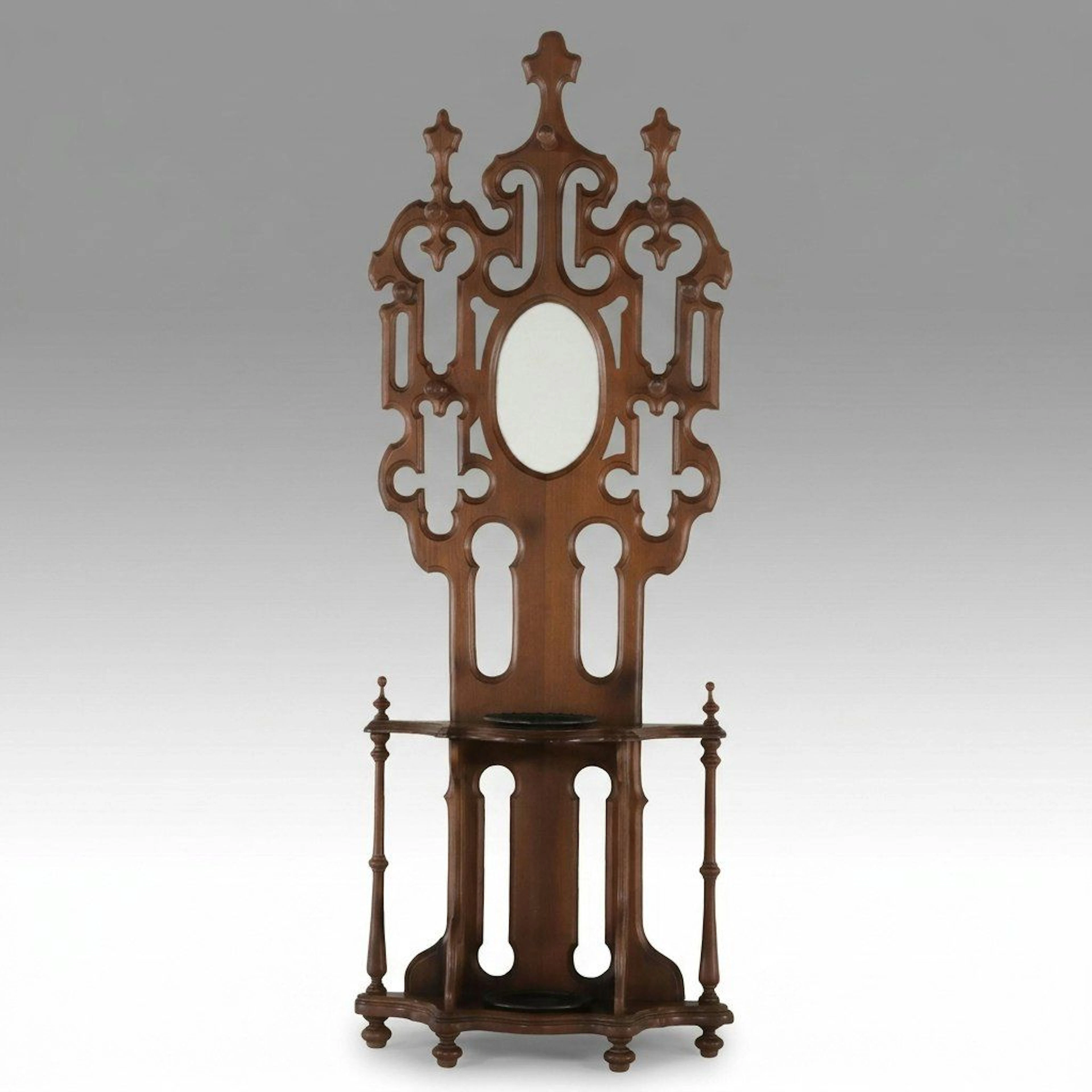 Victorian Gothic Revival Carved Hall Tree with Oval Mirror, Late 19th Century