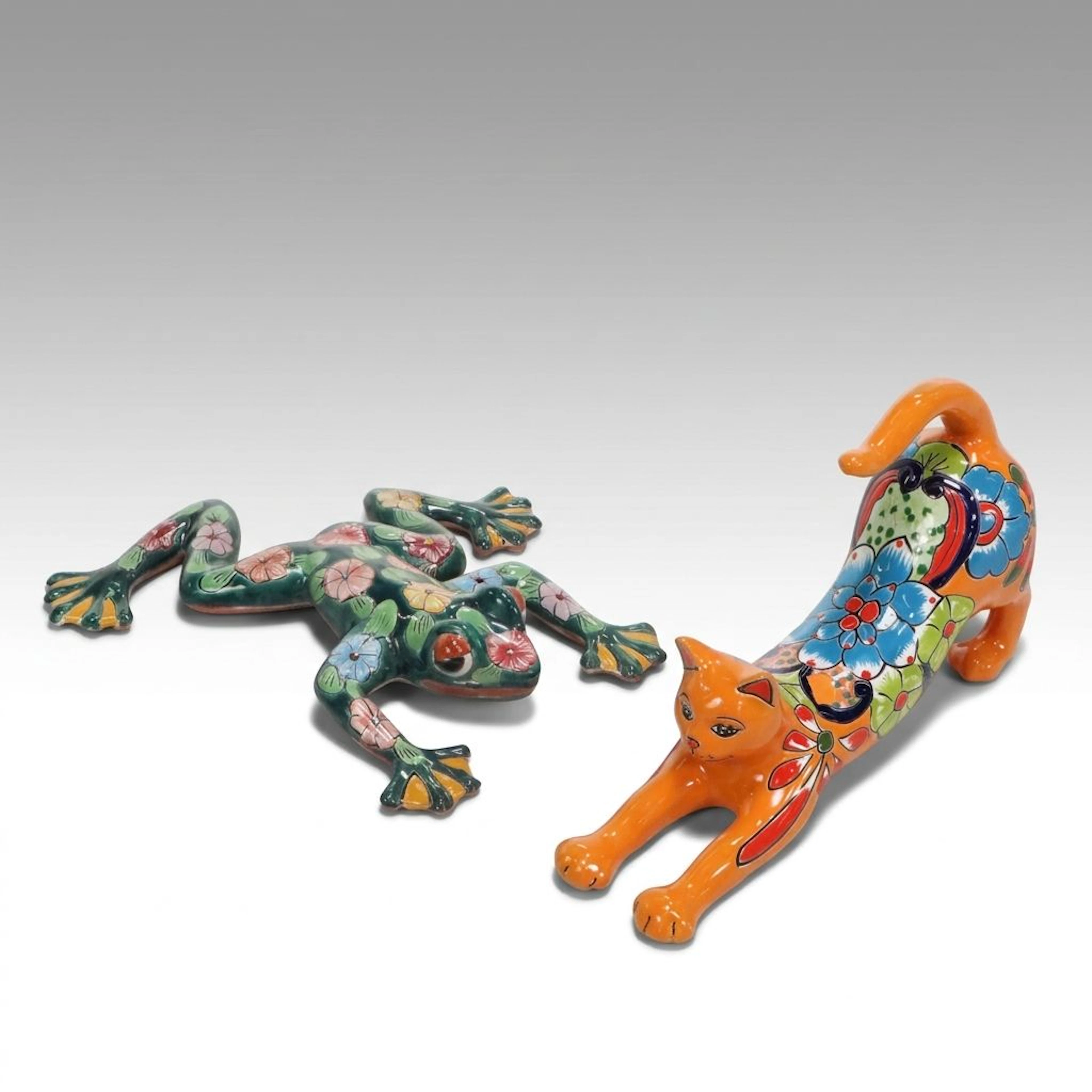 Mexican Hand-Painted Ceramic Frog and Cat Figurines