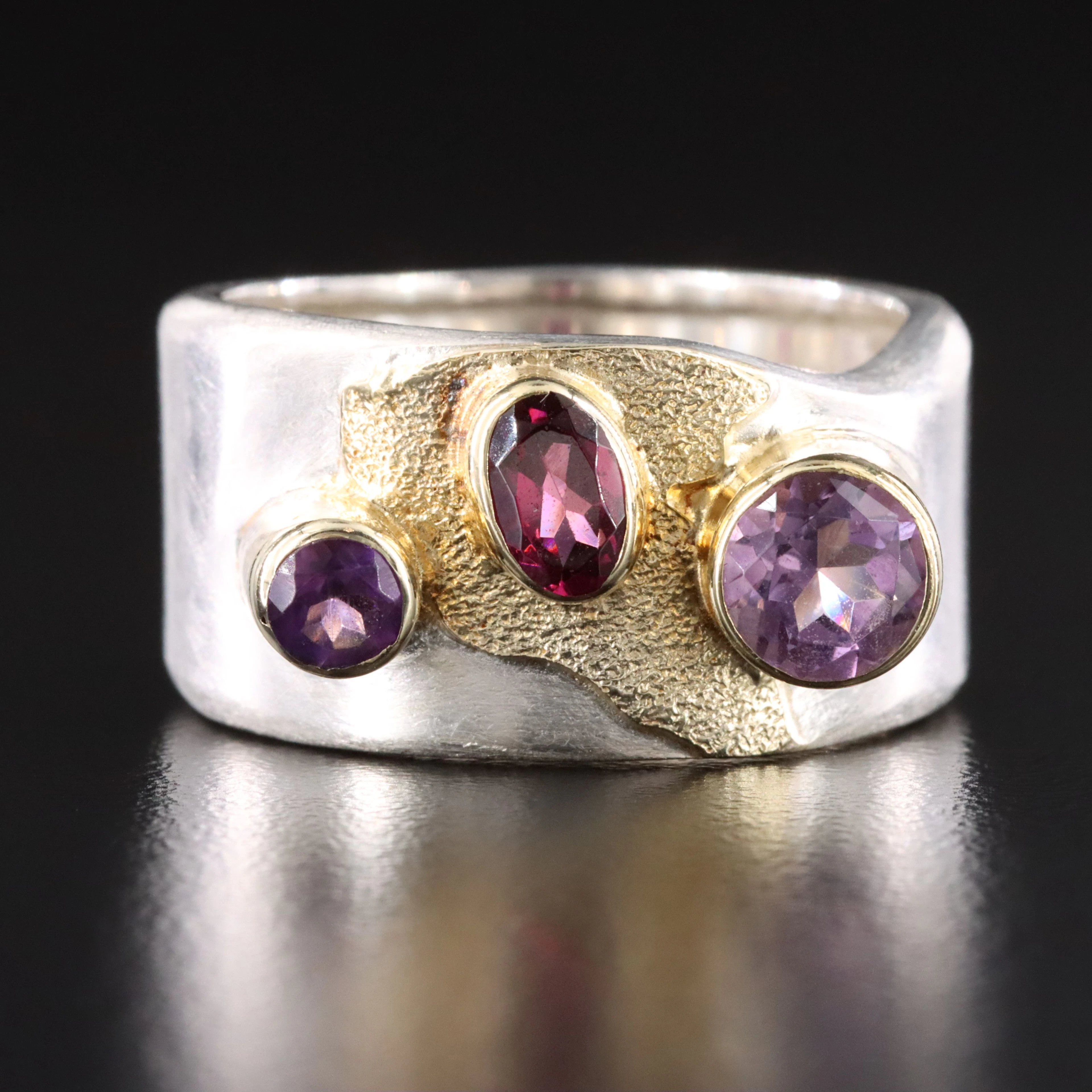 Sterling Two-Tone Amethyst, Rhodolite Garnet and Iolite Ring