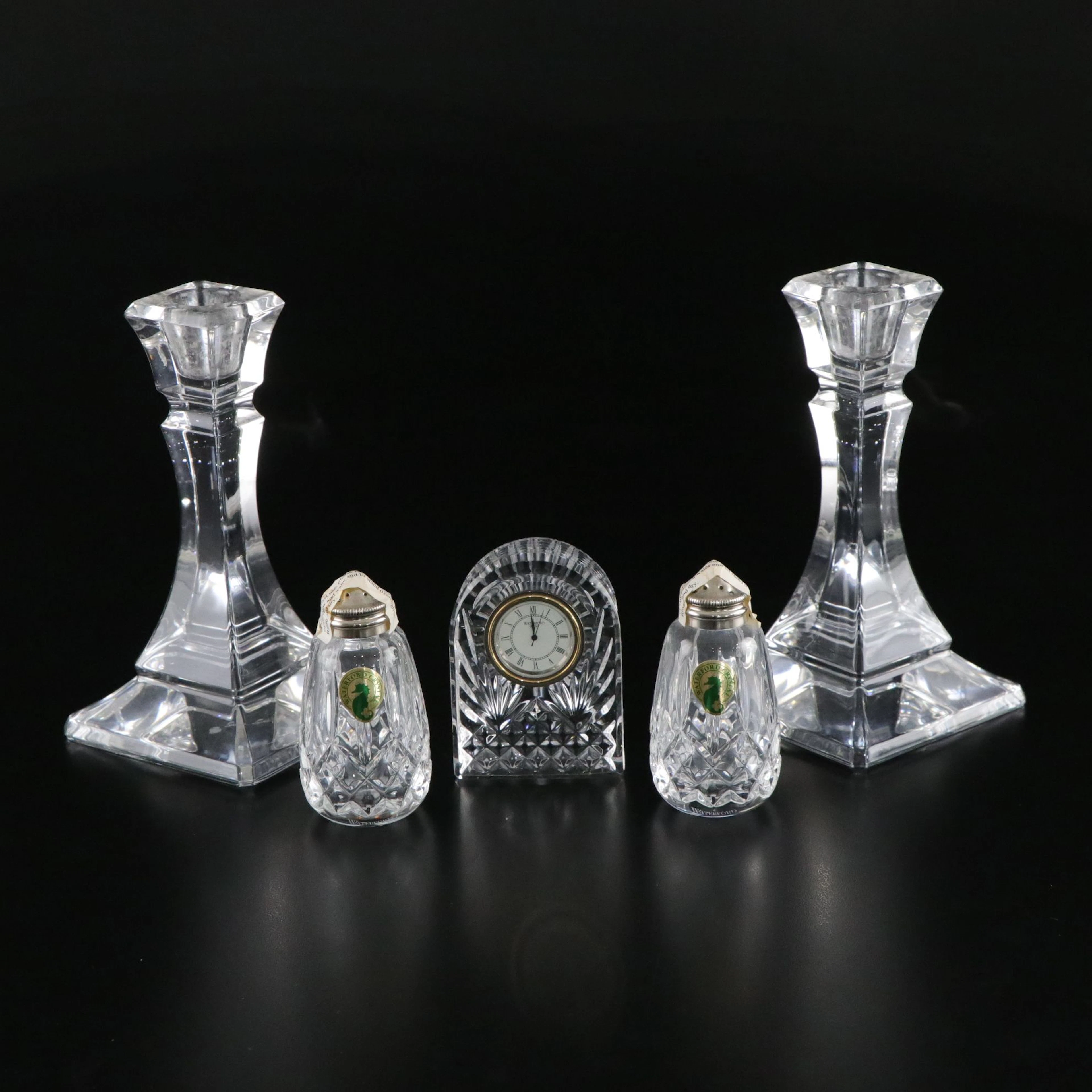 Tiffany & Co. Candle Holders, Waterford Crystal Salt & Pepper, and Mantle Clock