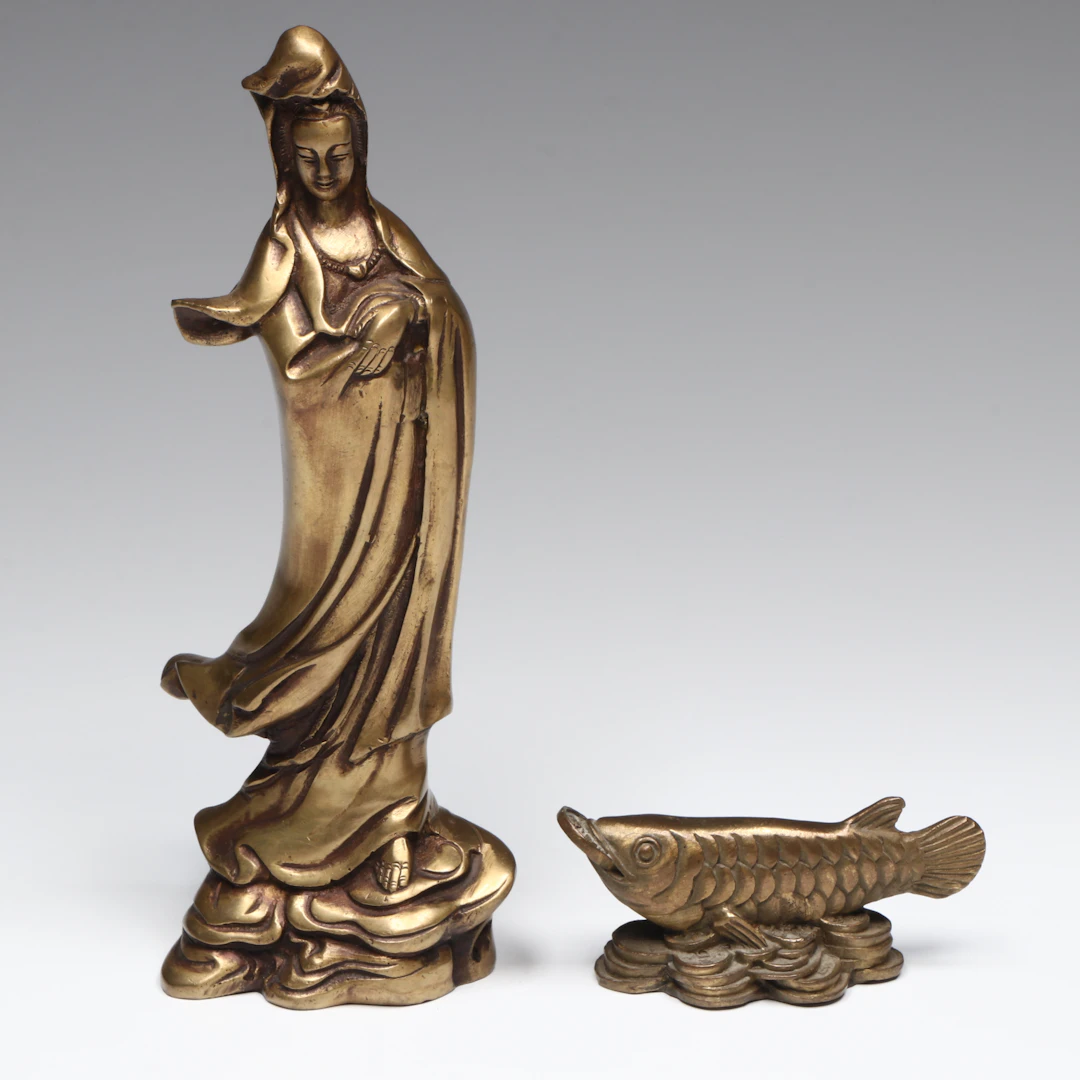 Brass Guanyin Figure and Lucky Carp on Coins