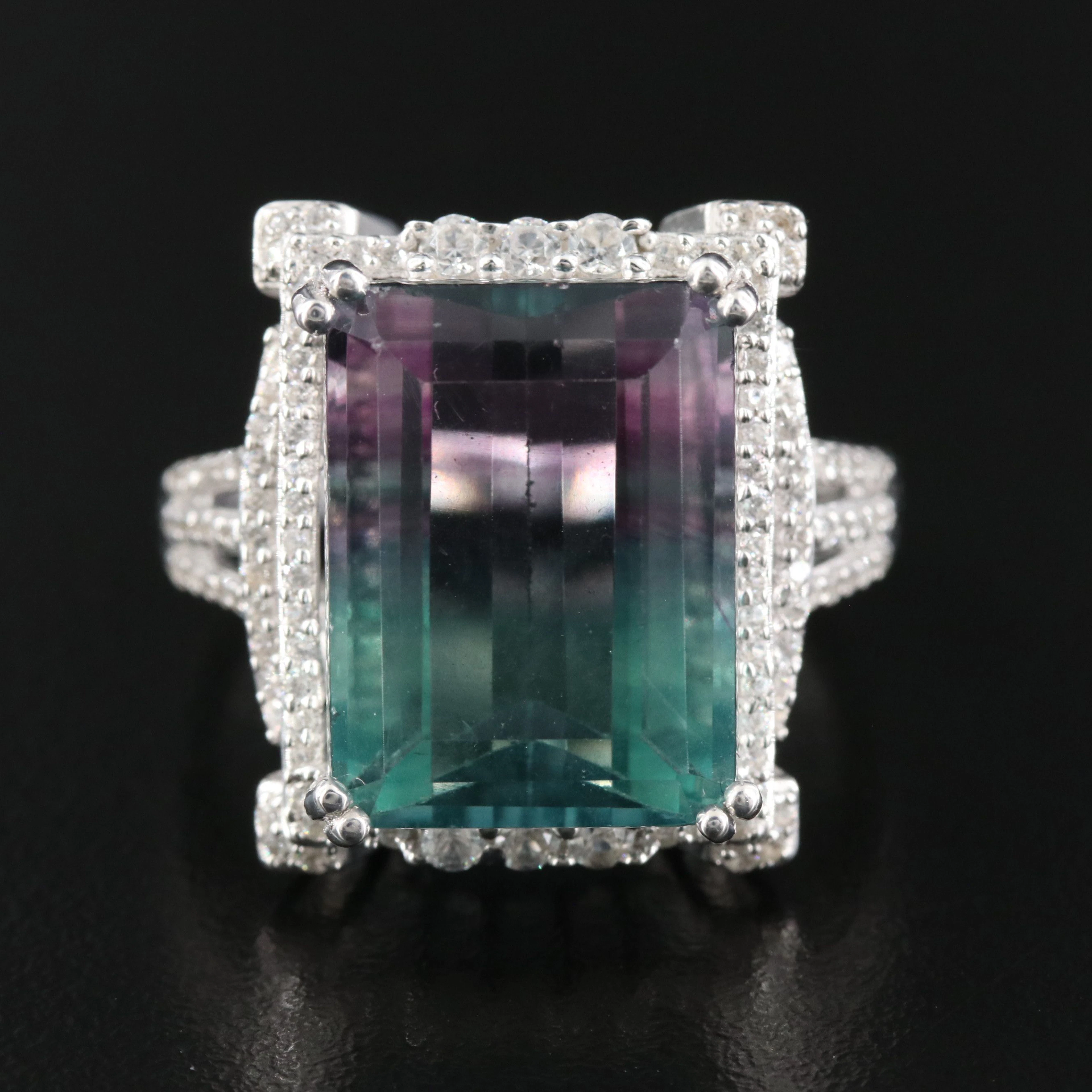 Sterling Fluorite and White Zircon Halo Ring