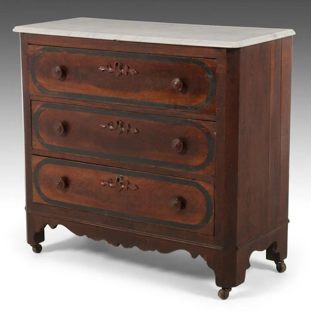 Victorian Eastlake Style Walnut and Marble Top Three-Drawer Commode
