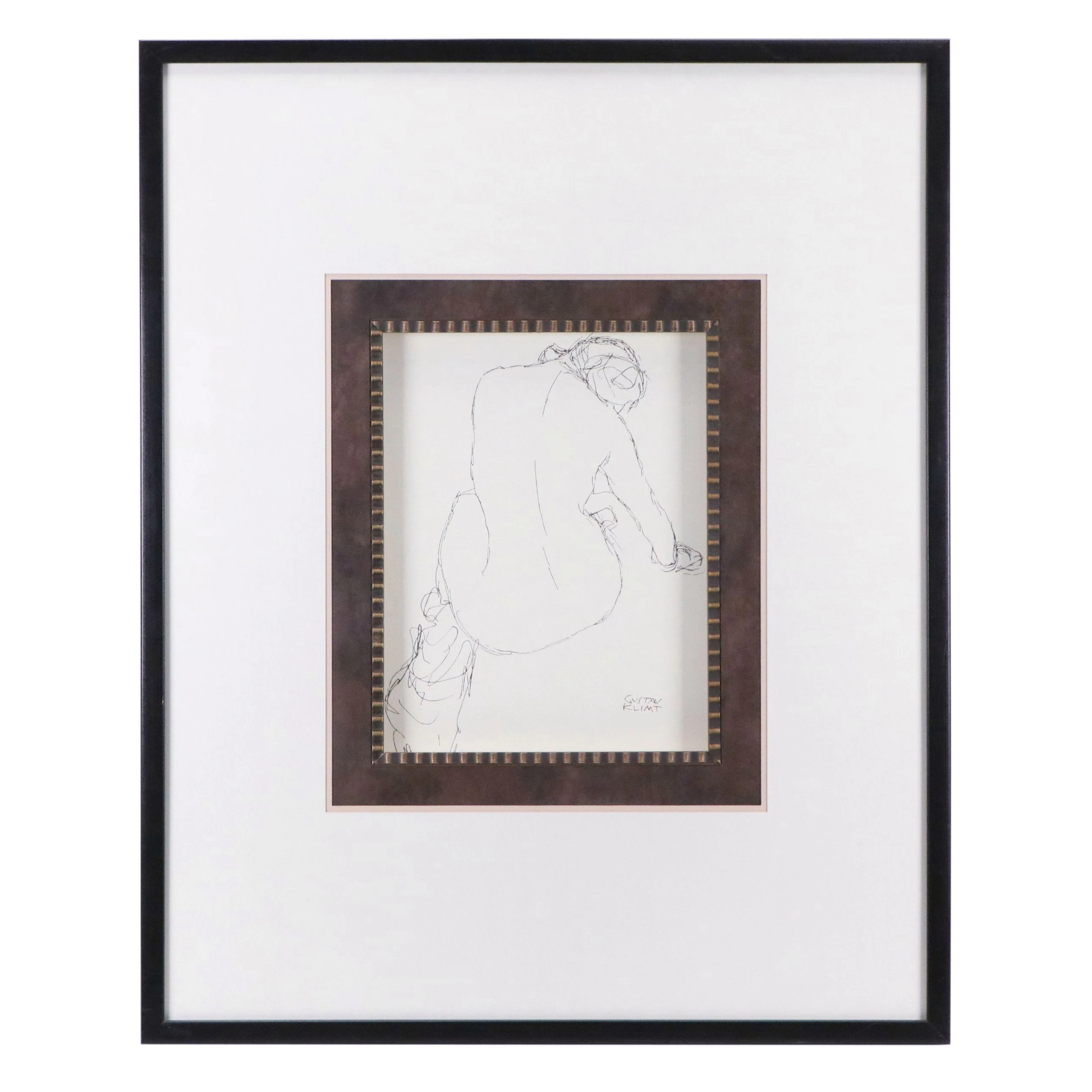 After Gustav Klimt Reproduction Print of Seated Female Nude Study
