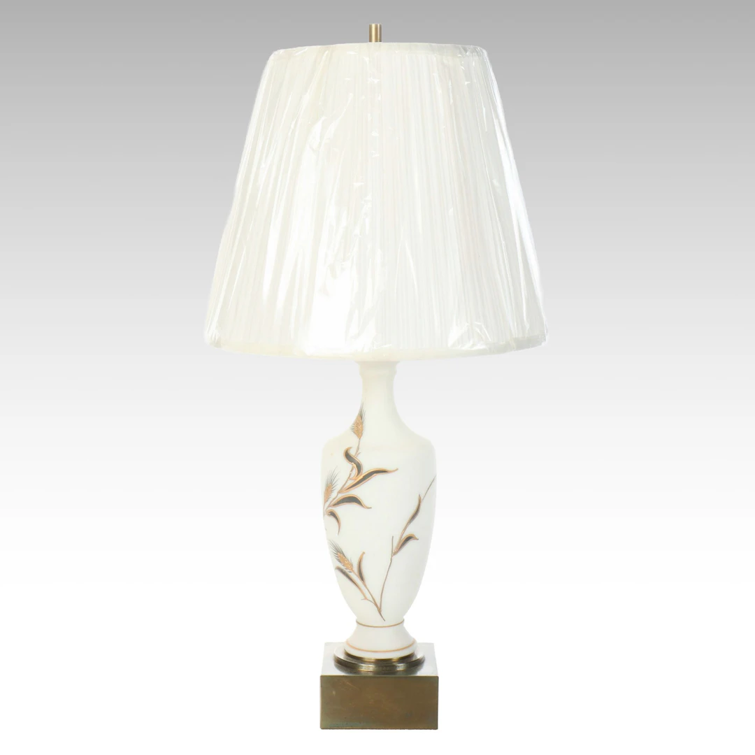 Hand-Painted Milk Glass and Brass Table Lamp, Mid-20th Century