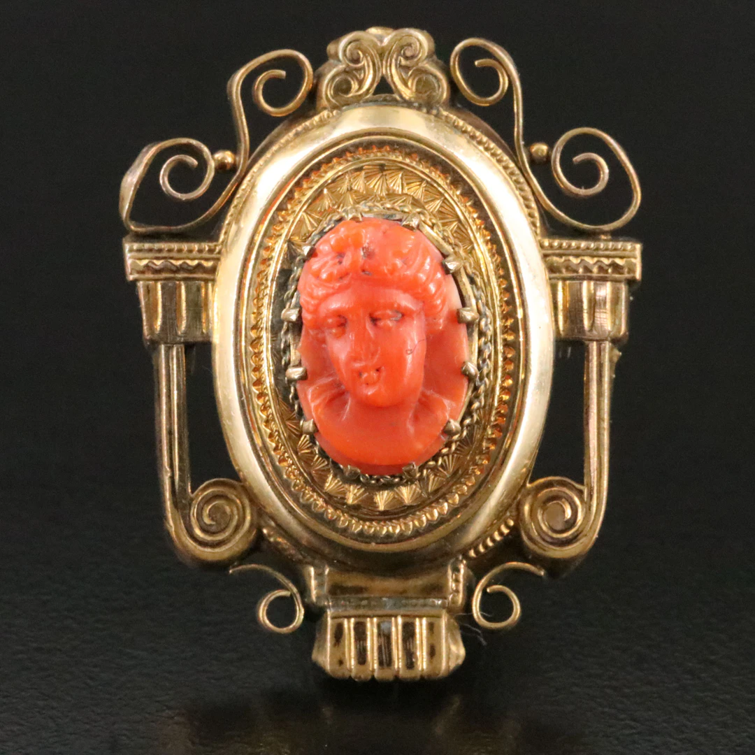 Victorian Etruscan Revival Coral Bacchante Cameo Brooch
