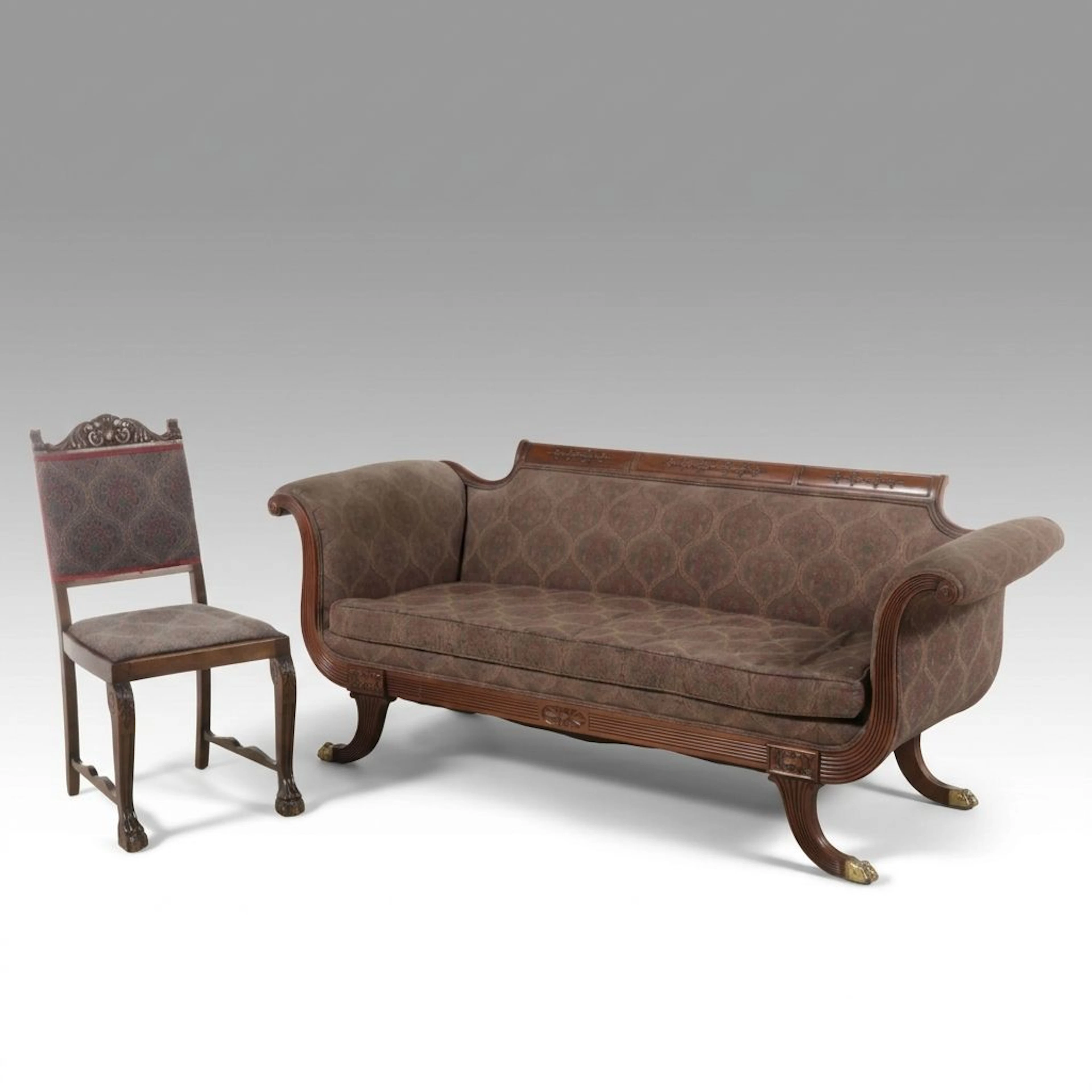 American Empire Style Mahogany Sofa with Coordinating High-Back Side Chair