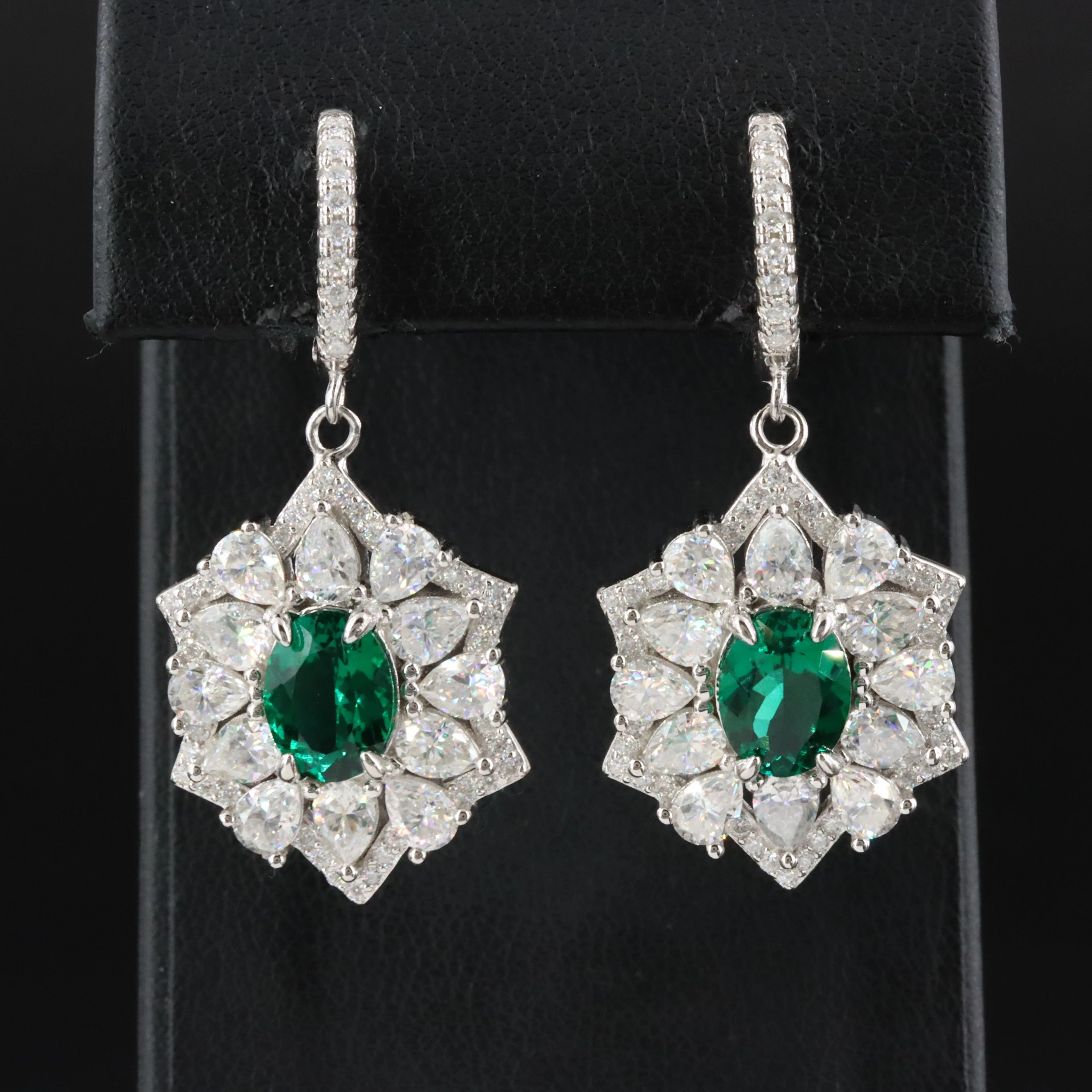 Sterling Emerald and Moissanite Drop Earrings