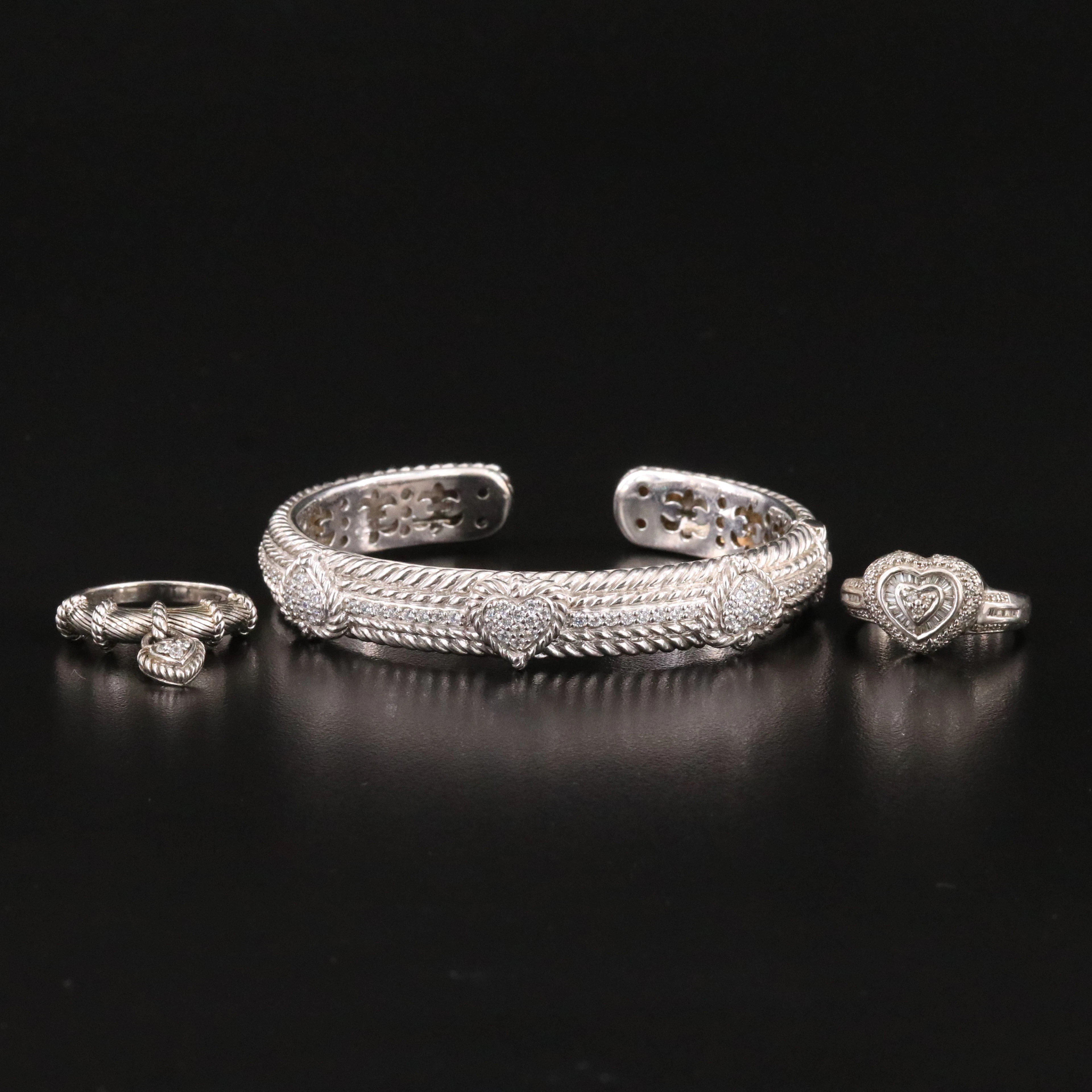 Judith Ripka Sterling Cuff Bracelet and Rings Including Diamond and CZ