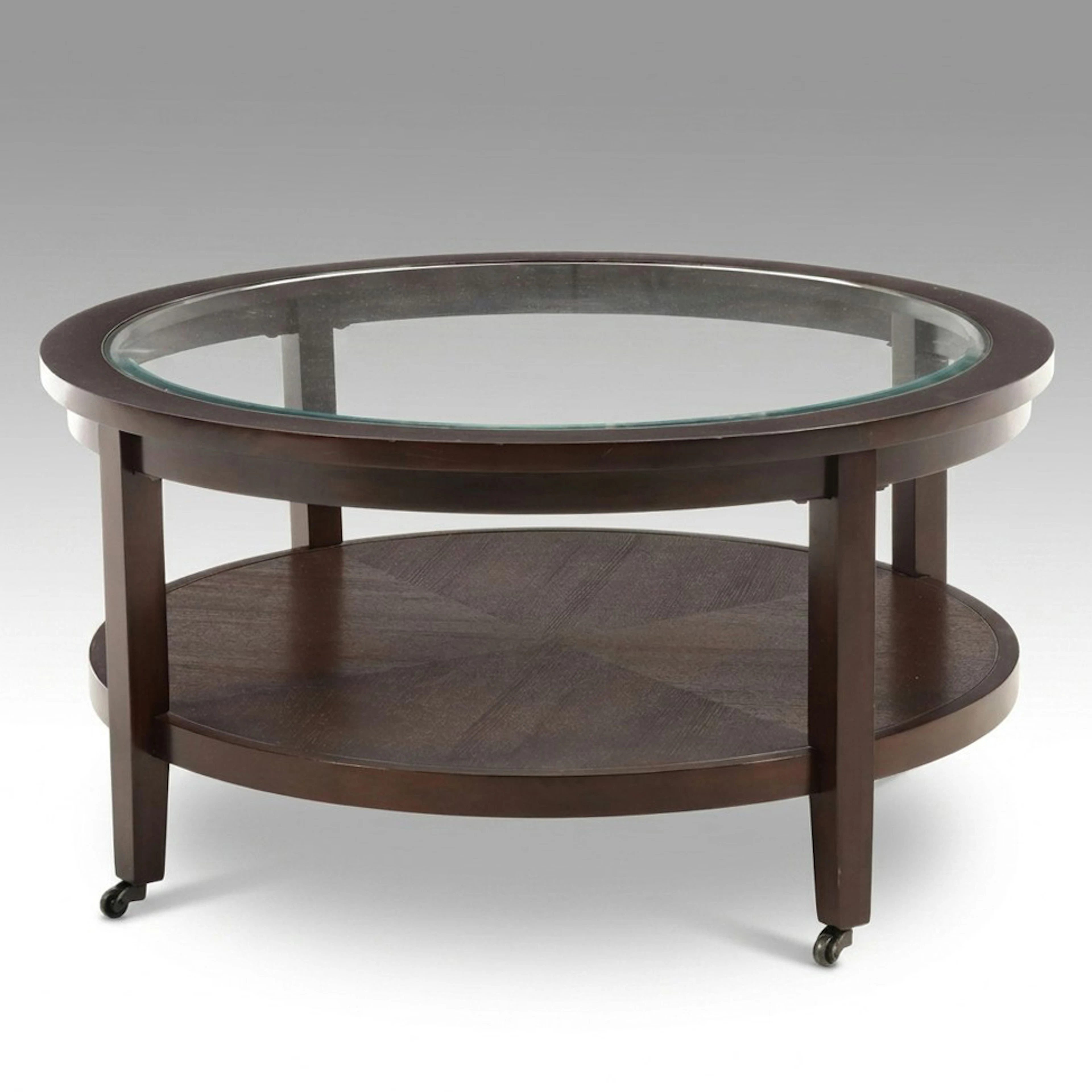 Contemporary Cherry Finish Round Glass-Top Coffee Table on Casters