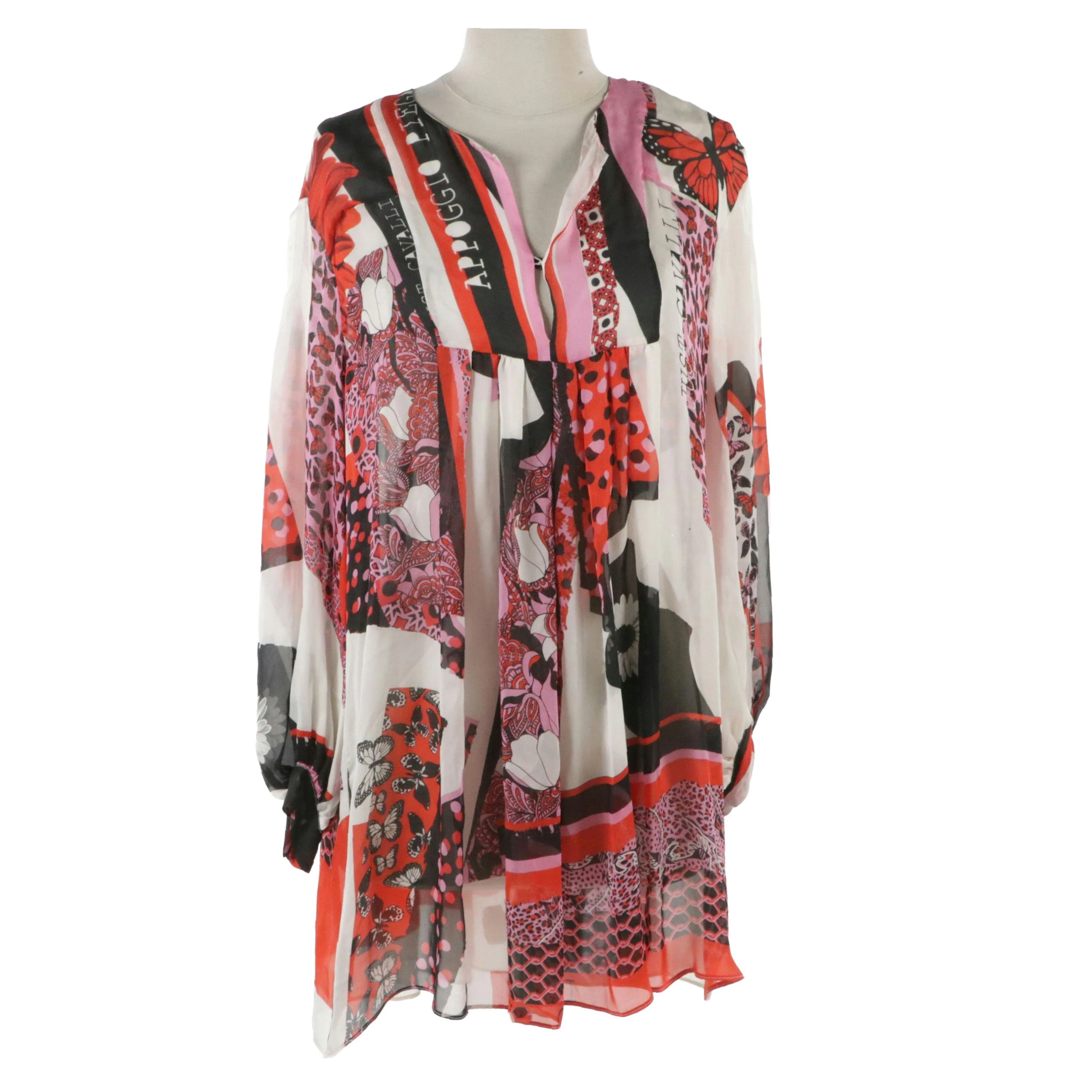 Just Cavalli Long Sleeve Tunic Top in Semi-Sheer Mixed Pattern Silk